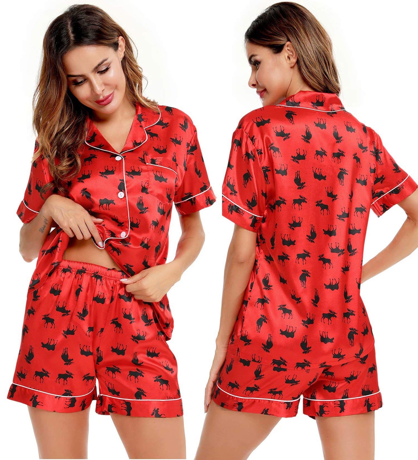 SWOMOG Womens Silk Satin Pajamas Set Short Sleeve Button Down Sleepwear Loungewear 2 Pcs Pj Sets