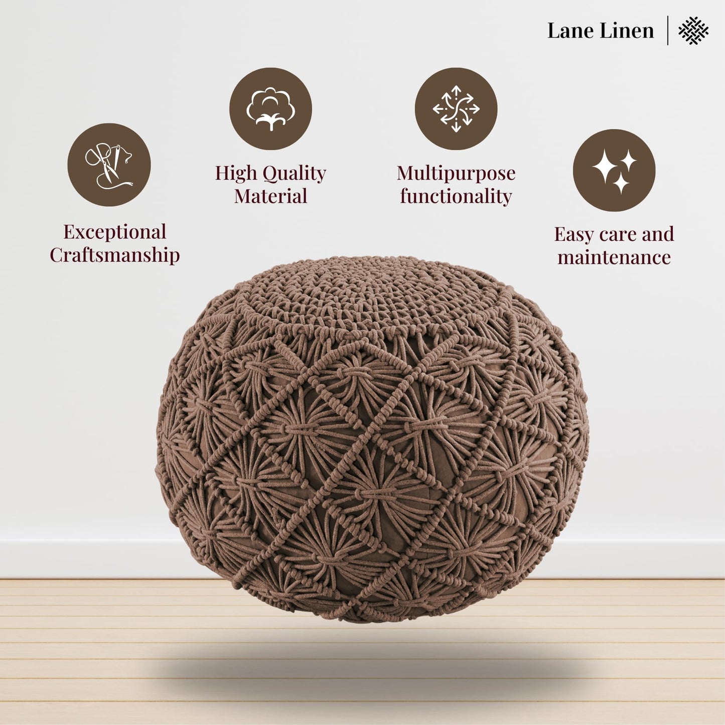 LANE LINEN Hand Knitted Cable Style Dori Pouf - Wine, Floor Ottoman - 100% Cotton Braid Cord - Handmade & Hand Stitched - Truly one of a Kind Seating - 20 Diameter x 14 Height