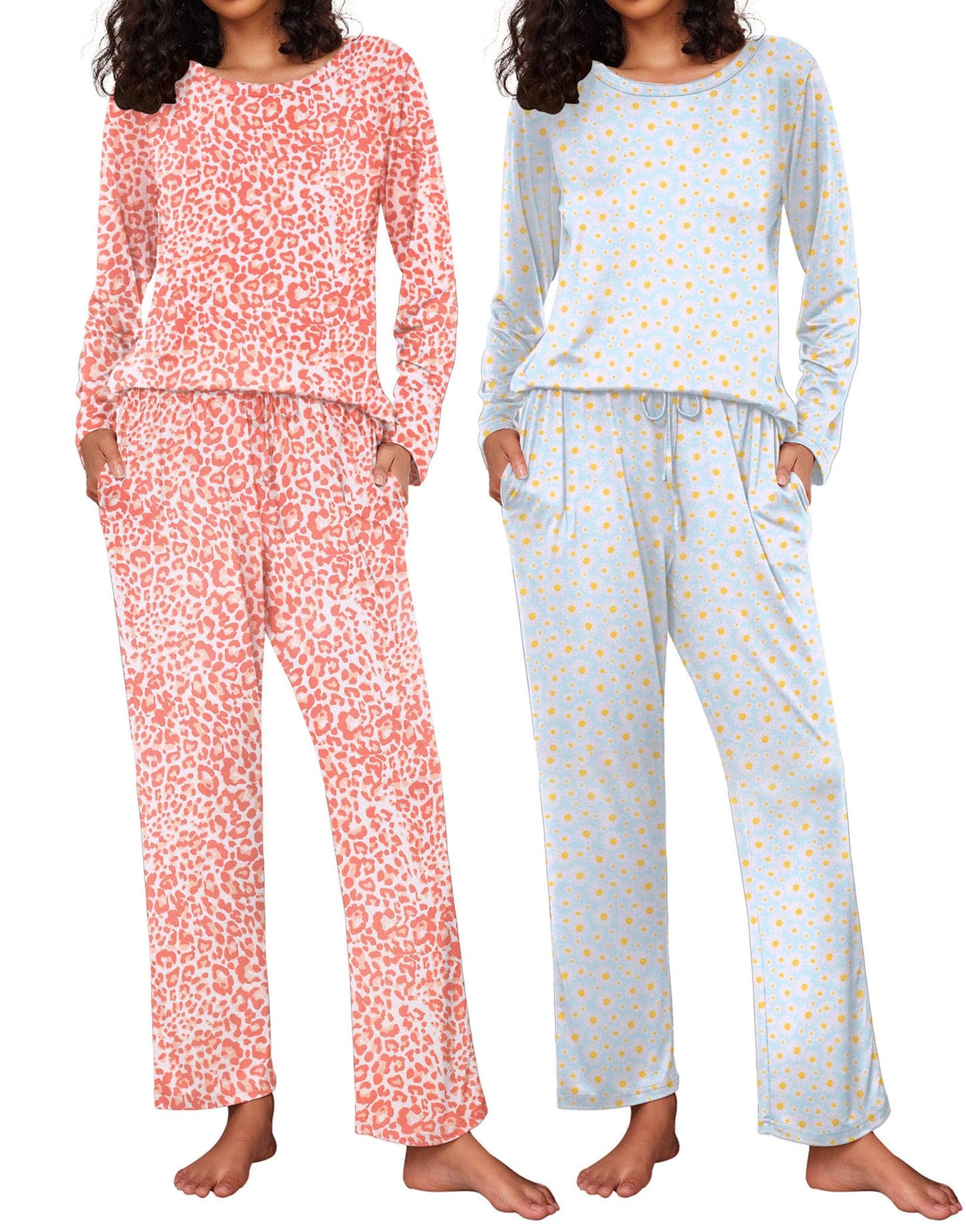 Ekouaer 2 Pack Women's Pajama Set Soft Long Sleeve Sleepwear Loungewear Pjs Sets with Pockets