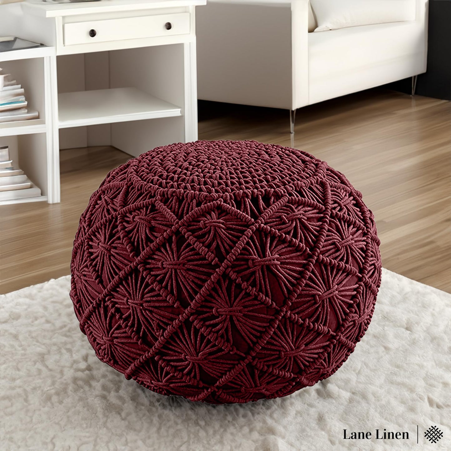 LANE LINEN Hand Knitted Cable Style Dori Pouf - Wine, Floor Ottoman - 100% Cotton Braid Cord - Handmade & Hand Stitched - Truly one of a Kind Seating - 20 Diameter x 14 Height