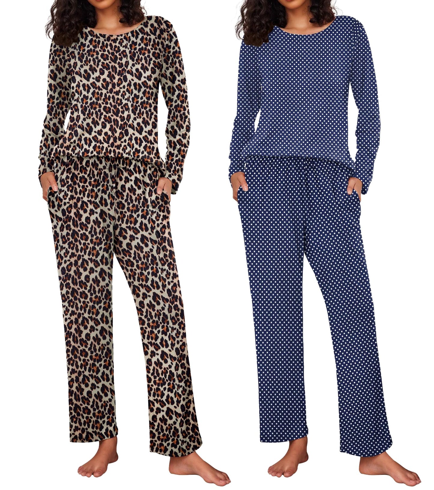 Ekouaer 2 Pack Women's Pajama Set Soft Long Sleeve Sleepwear Loungewear Pjs Sets with Pockets