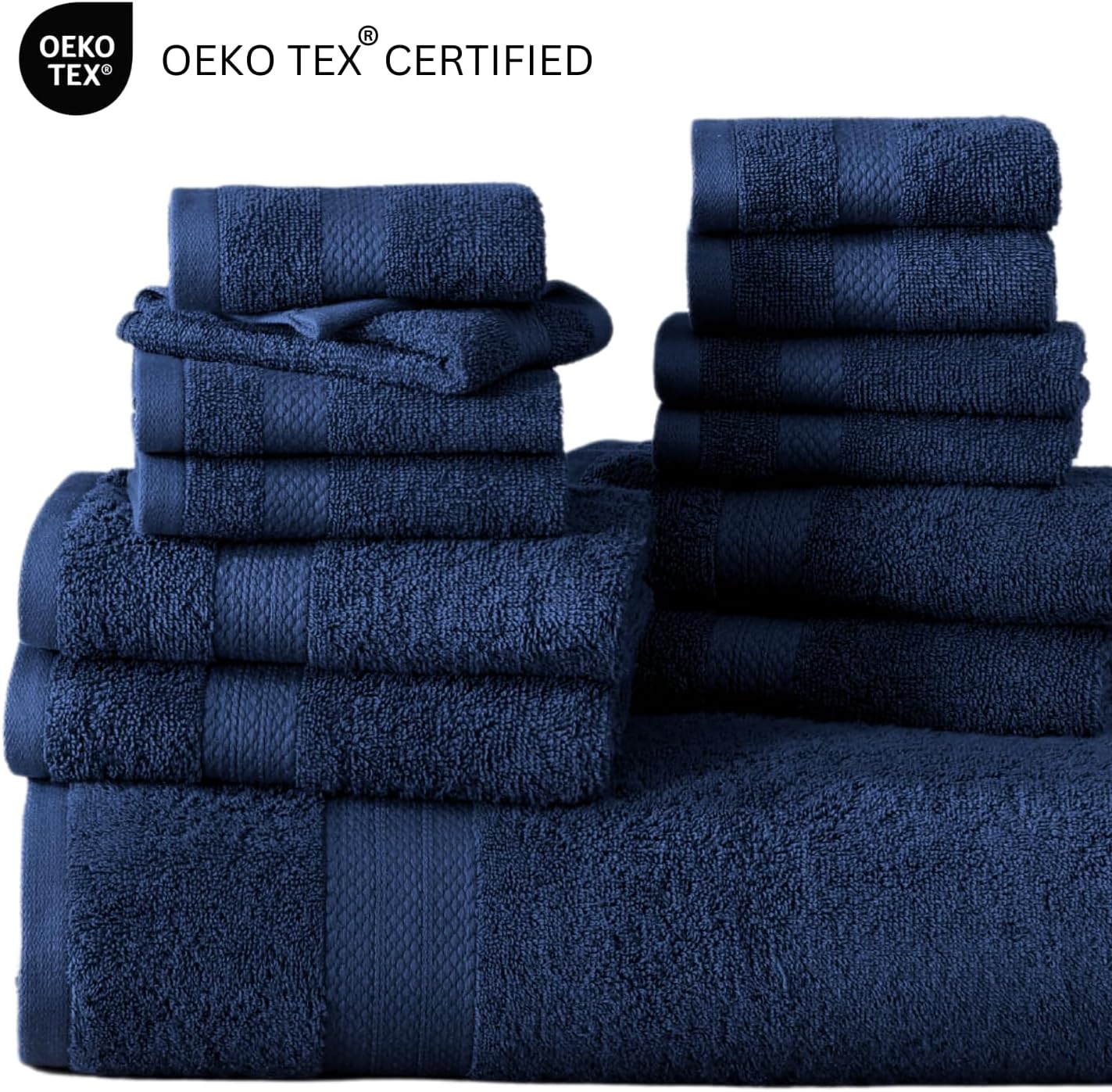 16 Piece Bath Towels - 100% Cotton Towels for Bathroom, Premium Quality Hotel Towels, Highly Absorbent Bathroom Towel Set, Super Soft, 4 Bath Towels, 4 Hand Towels, and 8 Wash Cloths - Navy