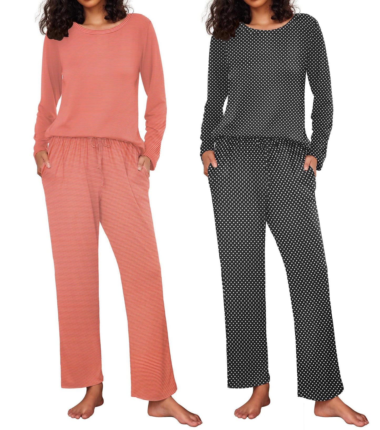Ekouaer 2 Pack Women's Pajama Set Soft Long Sleeve Sleepwear Loungewear Pjs Sets with Pockets