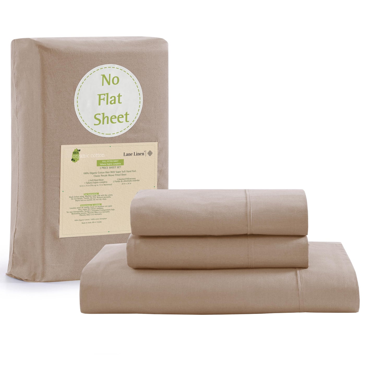 Lane Linen 100% Organic Cotton Fitted Sheet Queen Size only, 3-Piece Set (1 Fitted Sheet, 2 Pillowcases), Percale Weave, Cotton Sheet, Soft, Breathable, Fits Mattress Upto 15' Deep - White