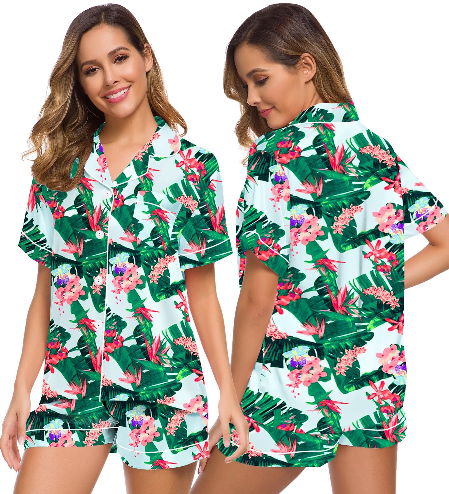 SWOMOG Womens Silk Satin Pajamas Set Short Sleeve Button Down Sleepwear Loungewear 2 Pcs Pj Sets