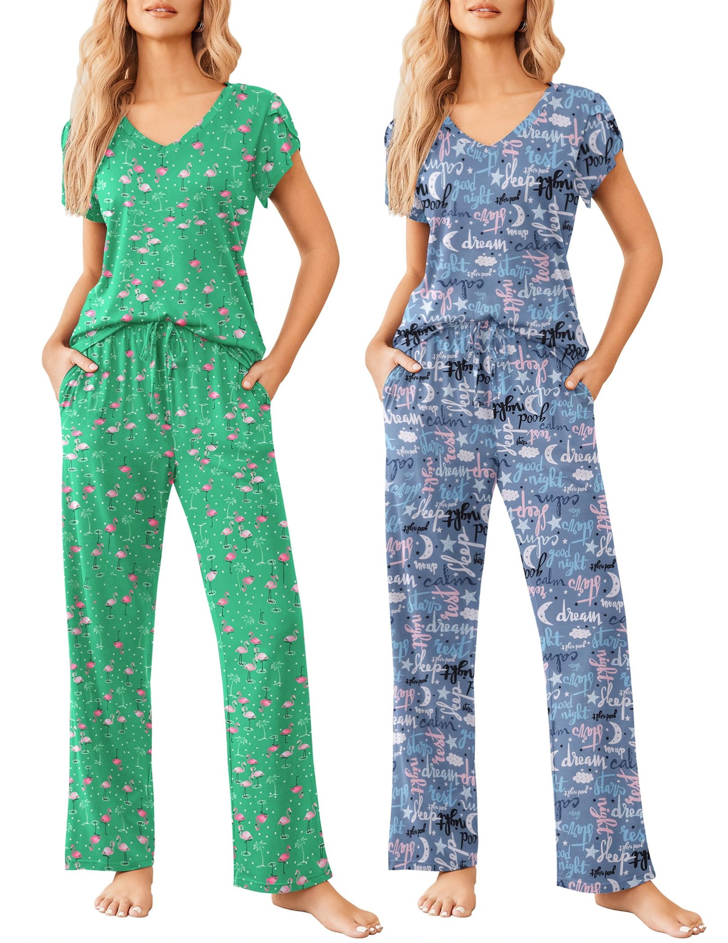 Ekouaer 2 Pack Womens Pajamas Short Sleeve Sleepwear Top with Pants Super-Soft Printed Lounge Sets S-XXL