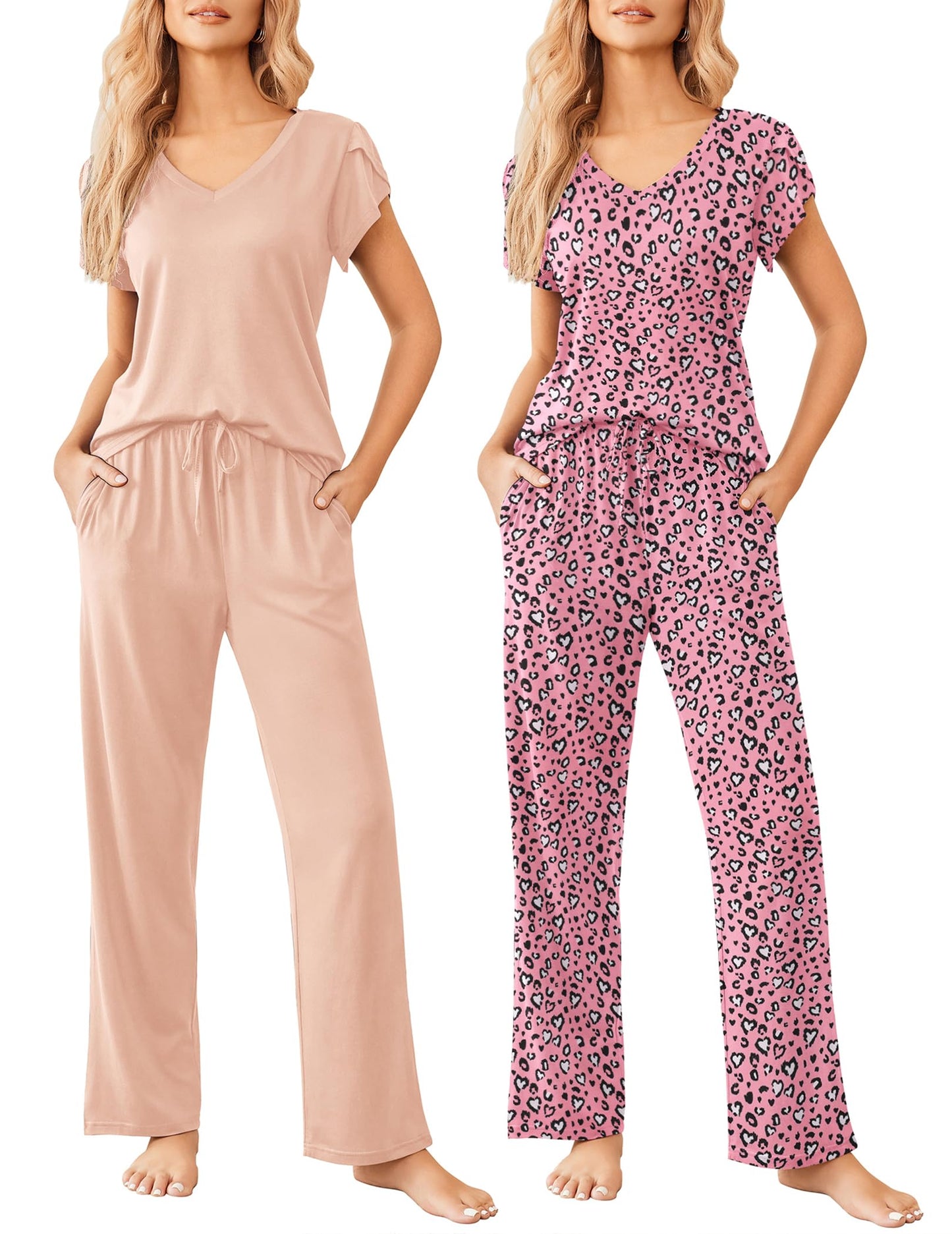 Ekouaer 2 Pack Womens Pajamas Short Sleeve Sleepwear Top with Pants Super-Soft Printed Lounge Sets S-XXL