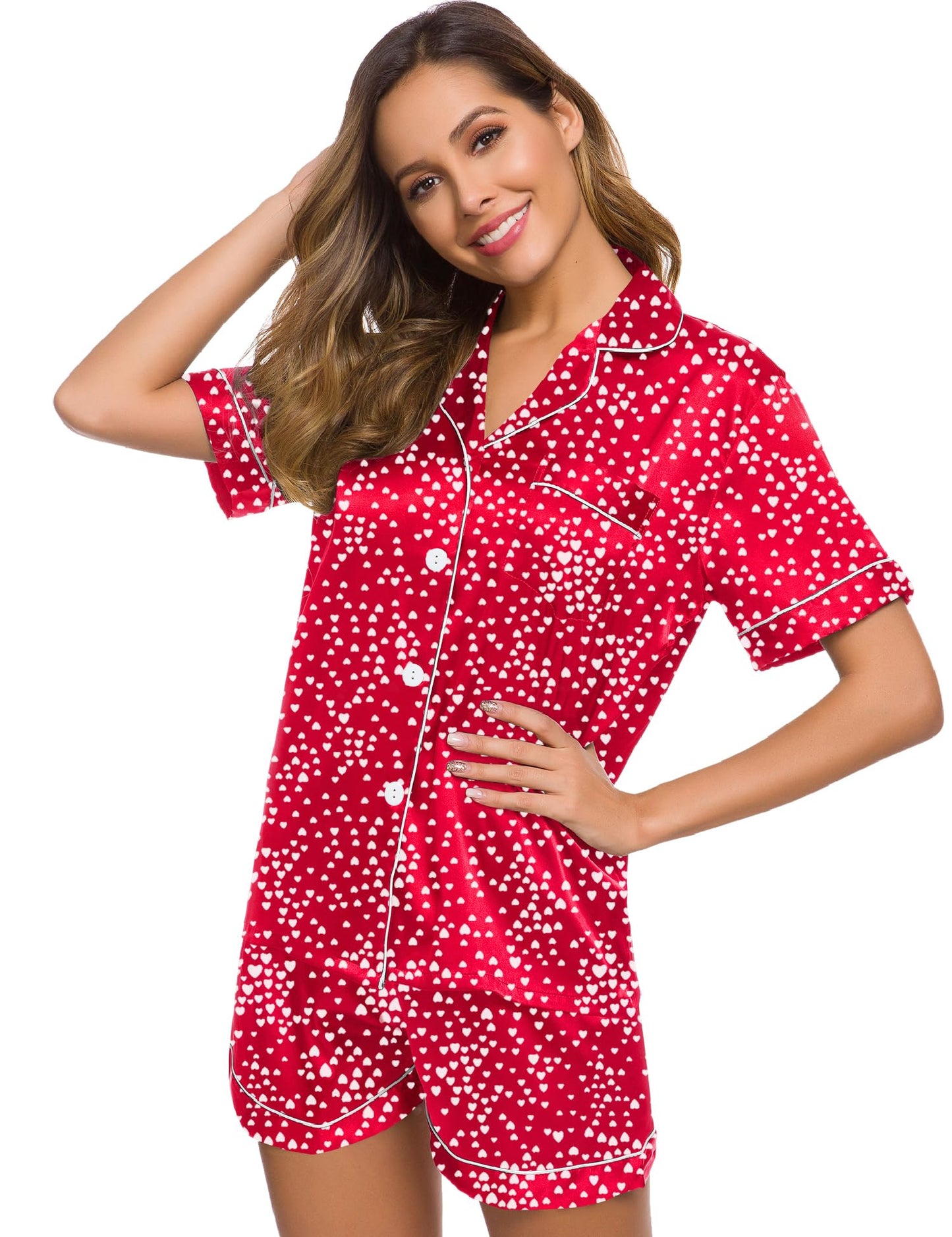 SWOMOG Womens Silk Satin Pajamas Set Short Sleeve Button Down Sleepwear Loungewear 2 Pcs Pj Sets