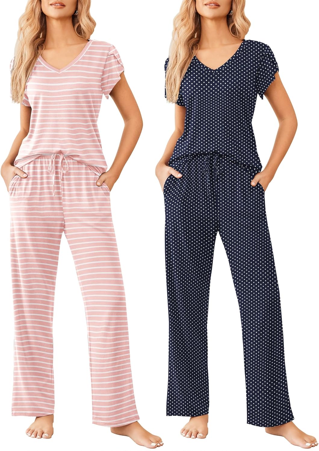 Ekouaer 2 Pack Womens Pajamas Short Sleeve Sleepwear Top with Pants Super-Soft Printed Lounge Sets S-XXL