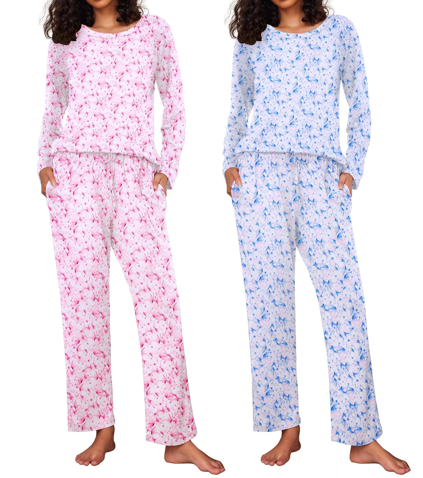 Ekouaer 2 Pack Women's Pajama Set Soft Long Sleeve Sleepwear Loungewear Pjs Sets with Pockets