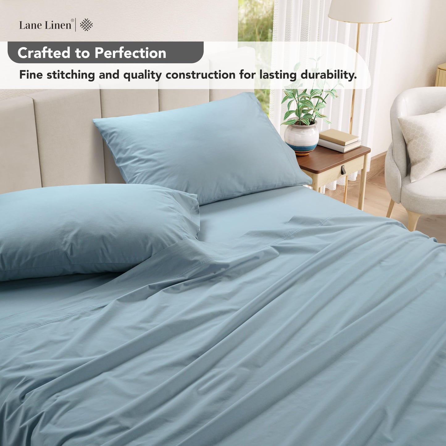 Washed Cotton Percale Queen Sheet Set - 100% Cotton 4 PC Queen Size Sheets Set, Cooling Sheets Queen Size, Soft and Breathable Bed Sheets Queen, Deep Pocket Queen Sheets - French Blue