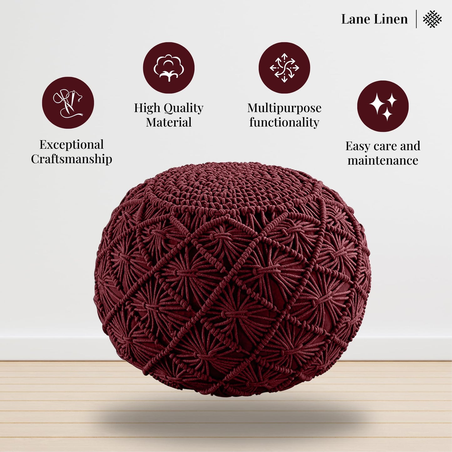 LANE LINEN Hand Knitted Cable Style Dori Pouf - Wine, Floor Ottoman - 100% Cotton Braid Cord - Handmade & Hand Stitched - Truly one of a Kind Seating - 20 Diameter x 14 Height