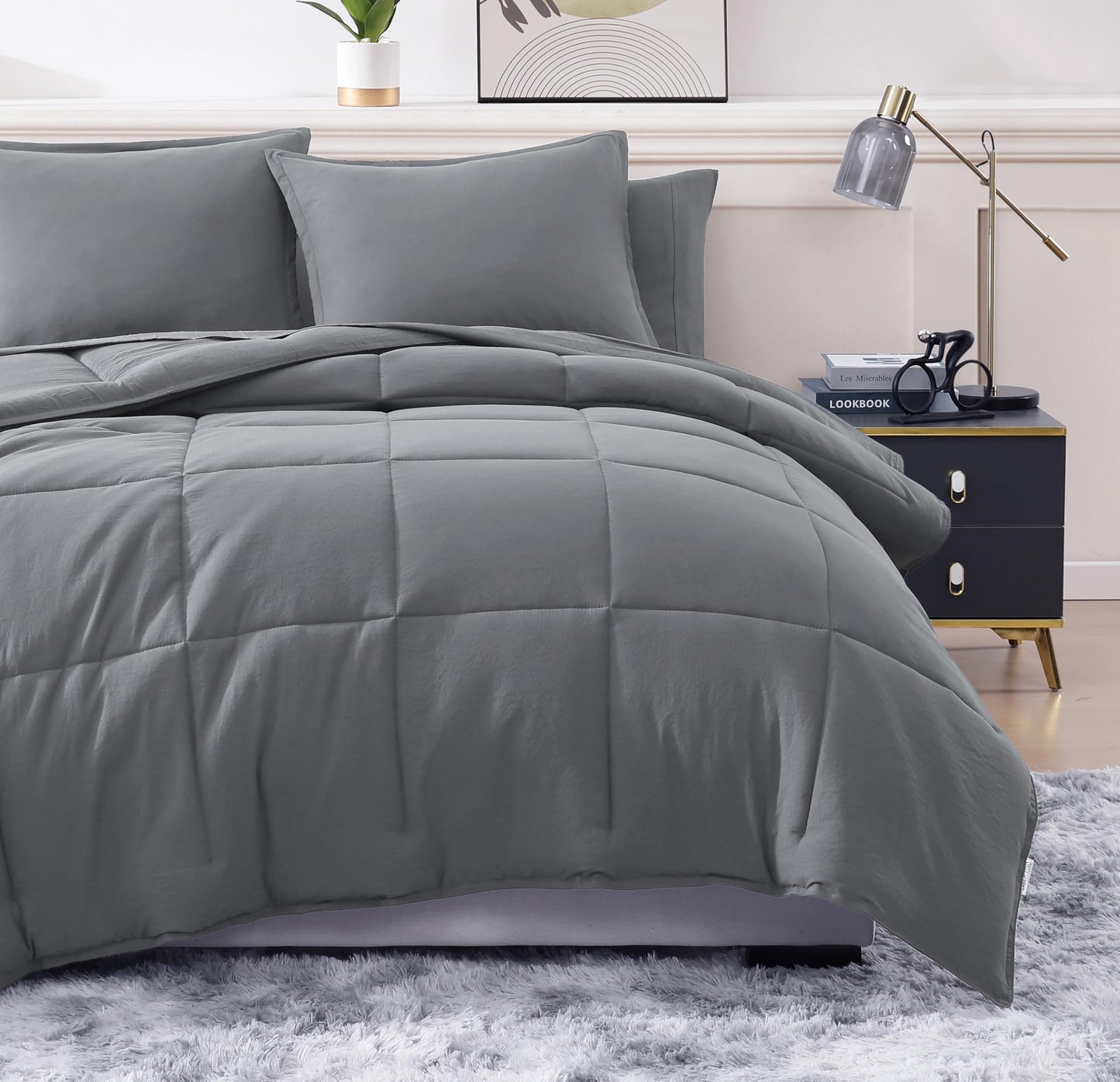 King Size Comforter Set Washed - 7 Pieces King Size Bed in A Bag, Bedding Sets with Comforters, Sheets, Pillowcases & Shams - Mineral