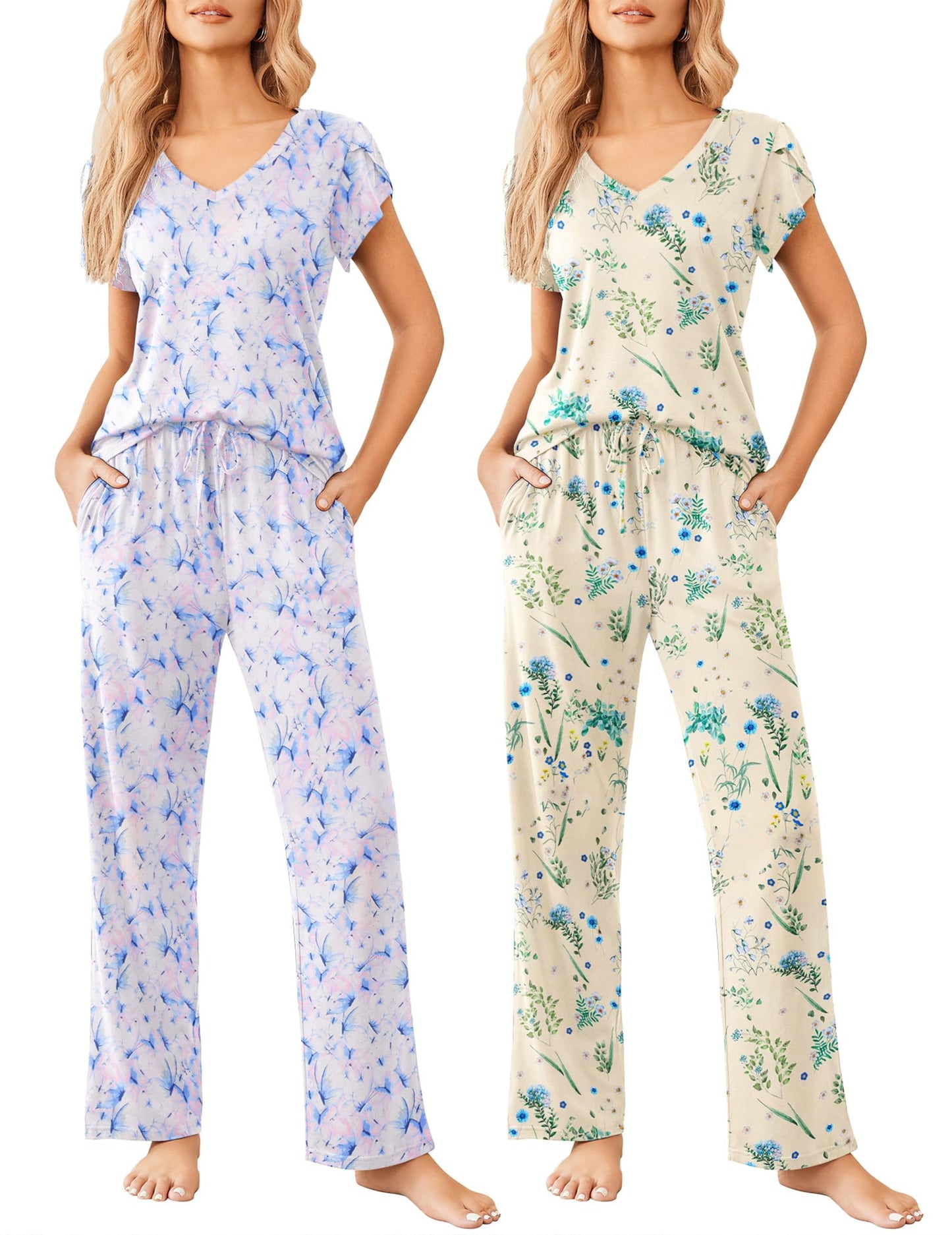 Ekouaer 2 Pack Womens Pajamas Short Sleeve Sleepwear Top with Pants Super-Soft Printed Lounge Sets S-XXL