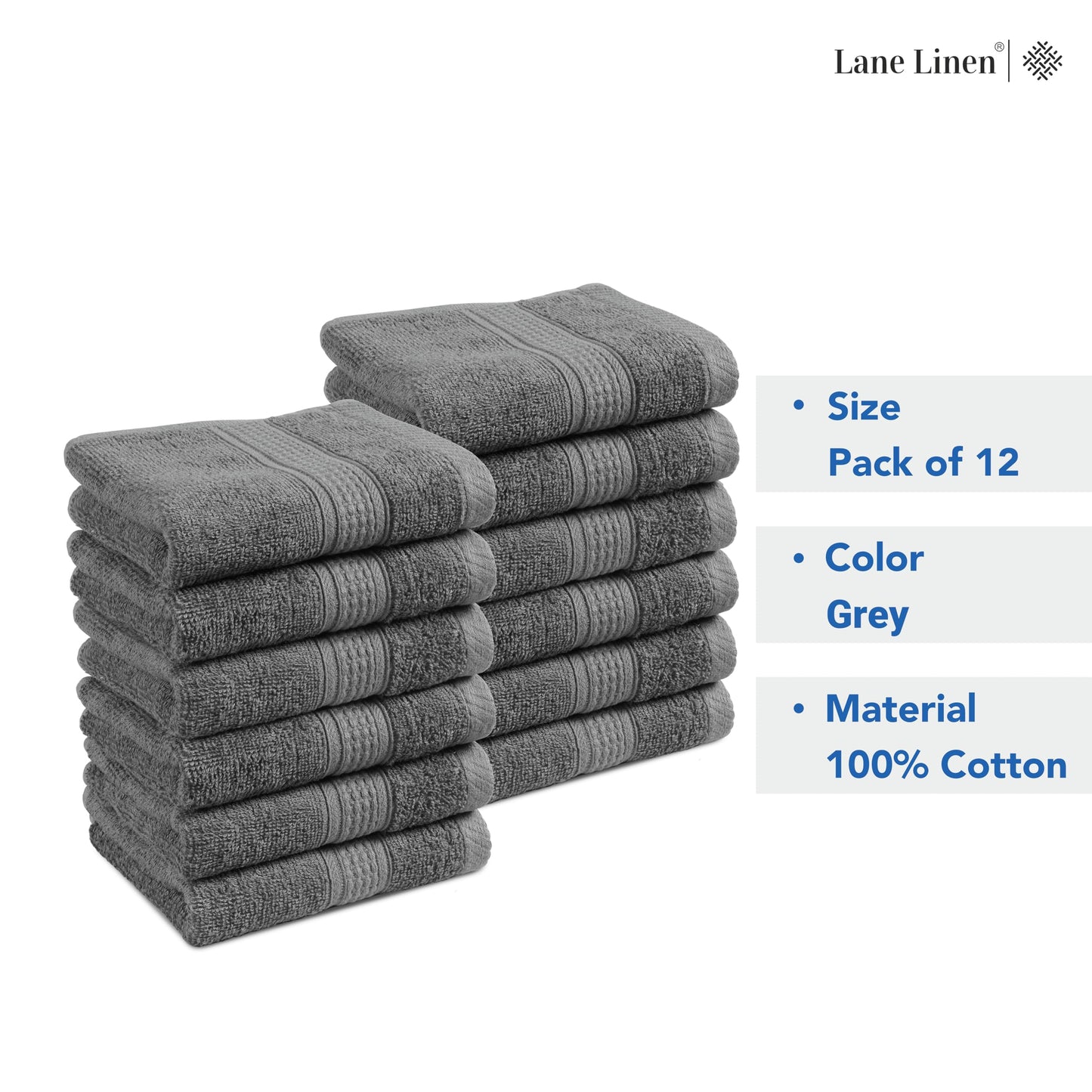 Premium 12 Pack Wash Cloths Set - 13x13 Inches, Highly Absorbent 100% Cotton Towels for Bathroom, Spa, Gym, Face - Grey