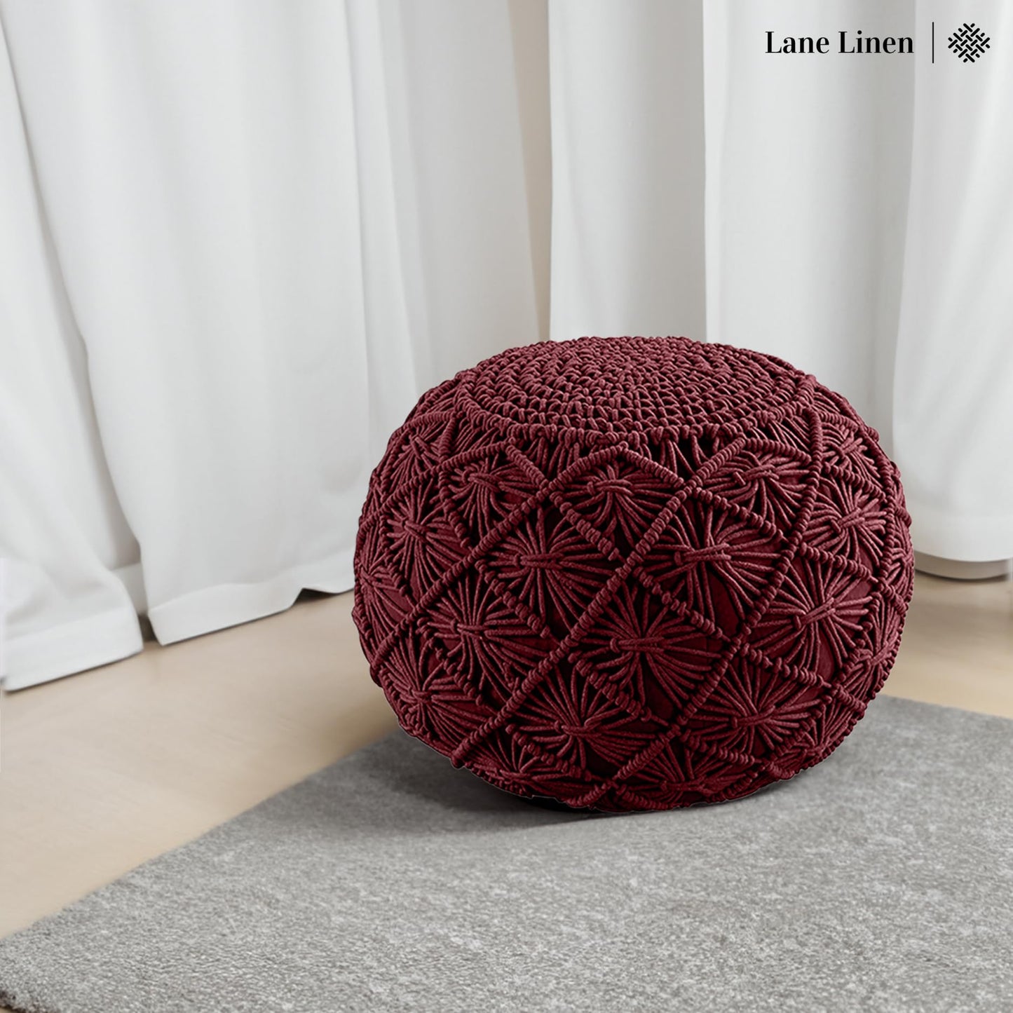 LANE LINEN Hand Knitted Cable Style Dori Pouf - Wine, Floor Ottoman - 100% Cotton Braid Cord - Handmade & Hand Stitched - Truly one of a Kind Seating - 20 Diameter x 14 Height