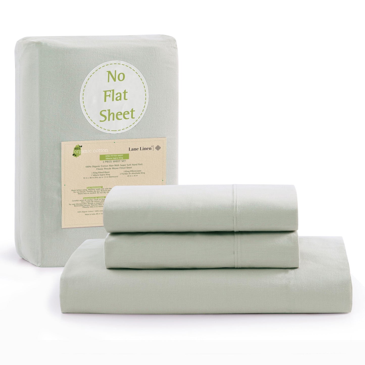 Lane Linen 100% Organic Cotton Fitted Sheet Queen Size only, 3-Piece Set (1 Fitted Sheet, 2 Pillowcases), Percale Weave, Cotton Sheet, Soft, Breathable, Fits Mattress Upto 15' Deep - White