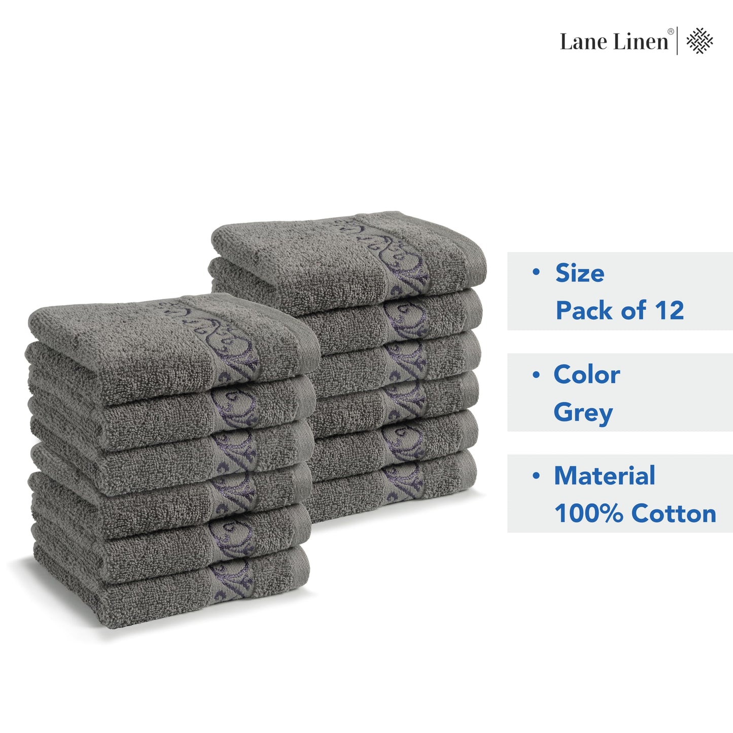 Premium 12 Pack Wash Cloths Set - 13x13 Inches, Highly Absorbent 100% Cotton Towels for Bathroom, Spa, Gym, Face - Grey