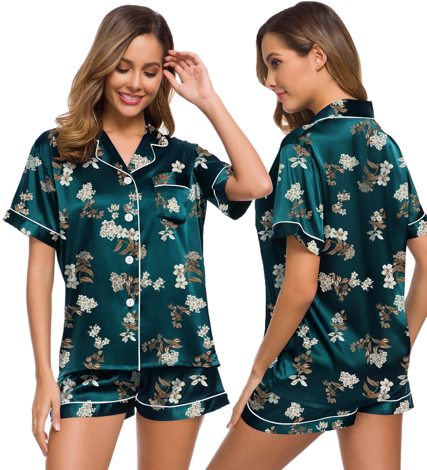 SWOMOG Womens Silk Satin Pajamas Set Short Sleeve Button Down Sleepwear Loungewear 2 Pcs Pj Sets