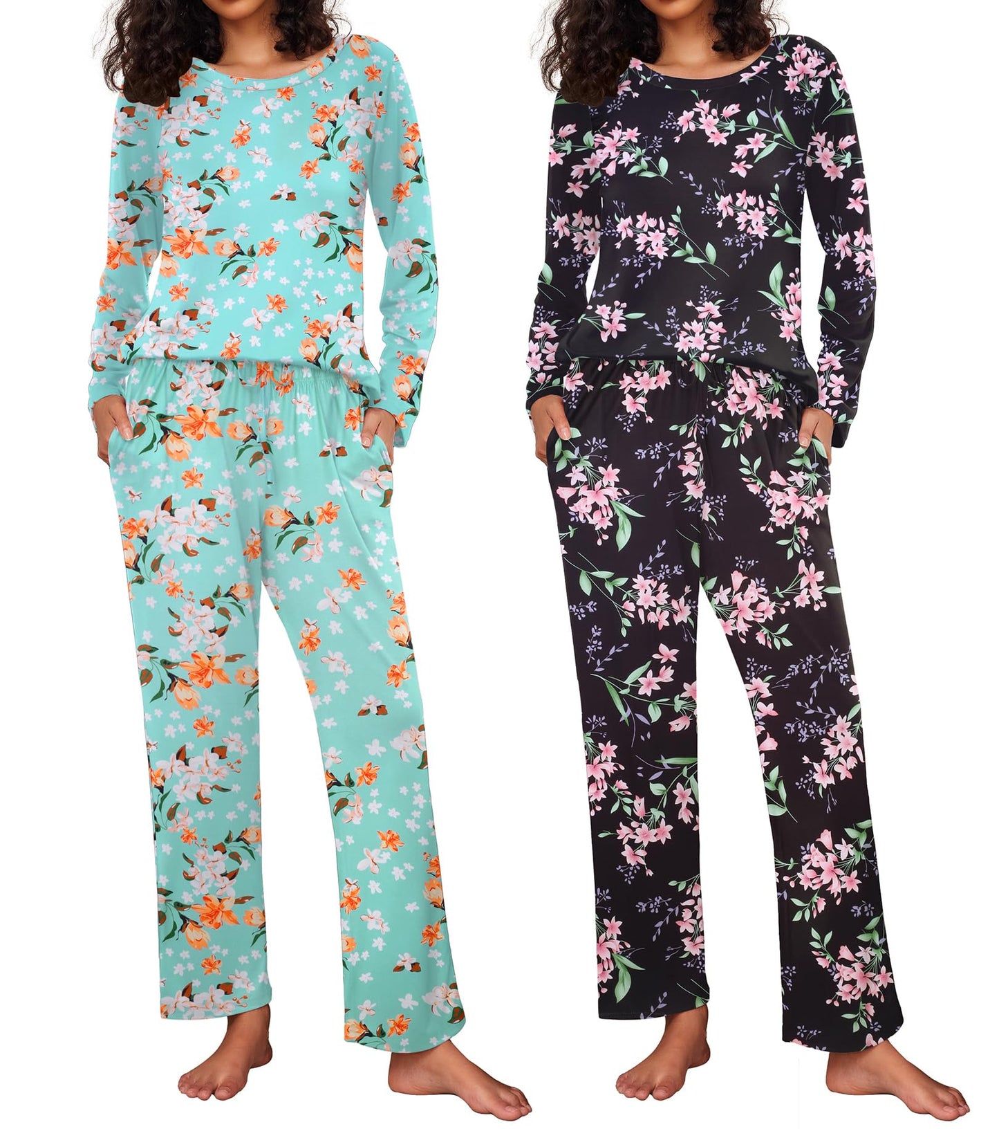 Ekouaer 2 Pack Women's Pajama Set Soft Long Sleeve Sleepwear Loungewear Pjs Sets with Pockets