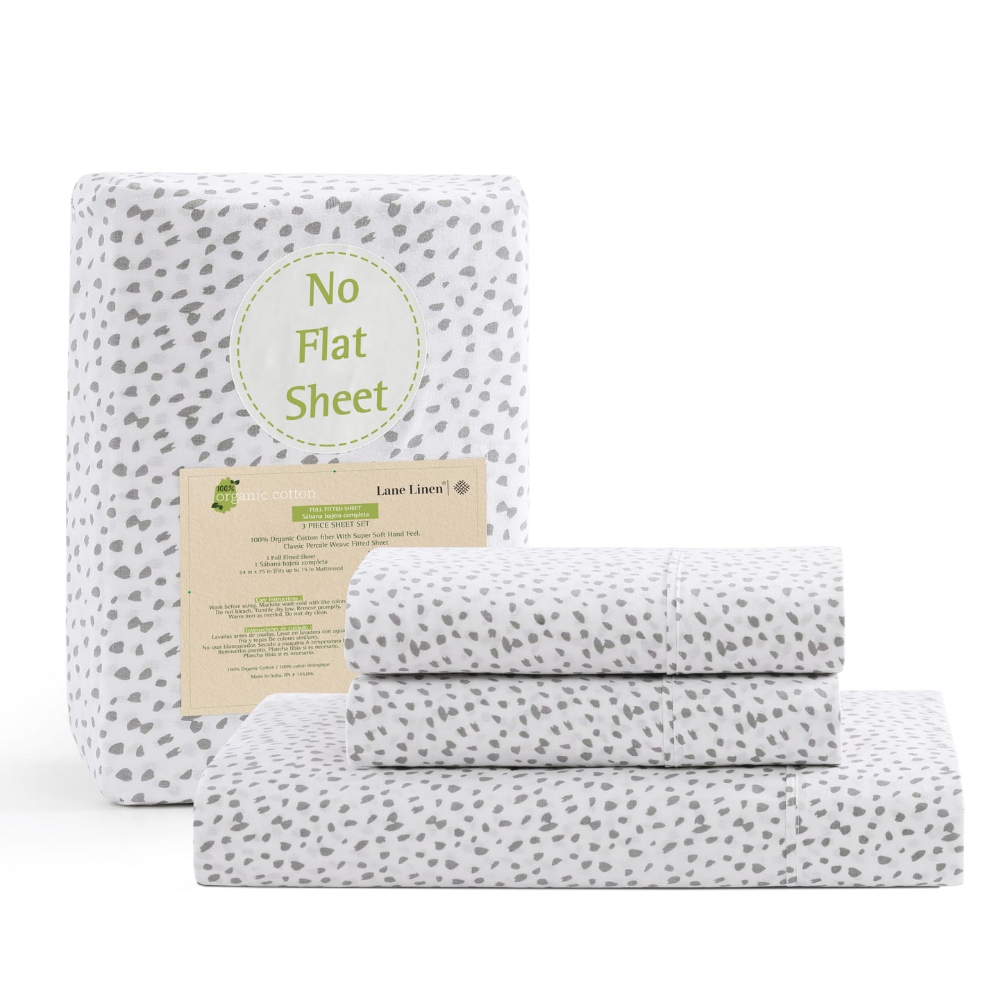 Lane Linen 100% Organic Cotton Fitted Sheet Queen Size only, 3-Piece Set (1 Fitted Sheet, 2 Pillowcases), Percale Weave, Cotton Sheet, Soft, Breathable, Fits Mattress Upto 15' Deep - White