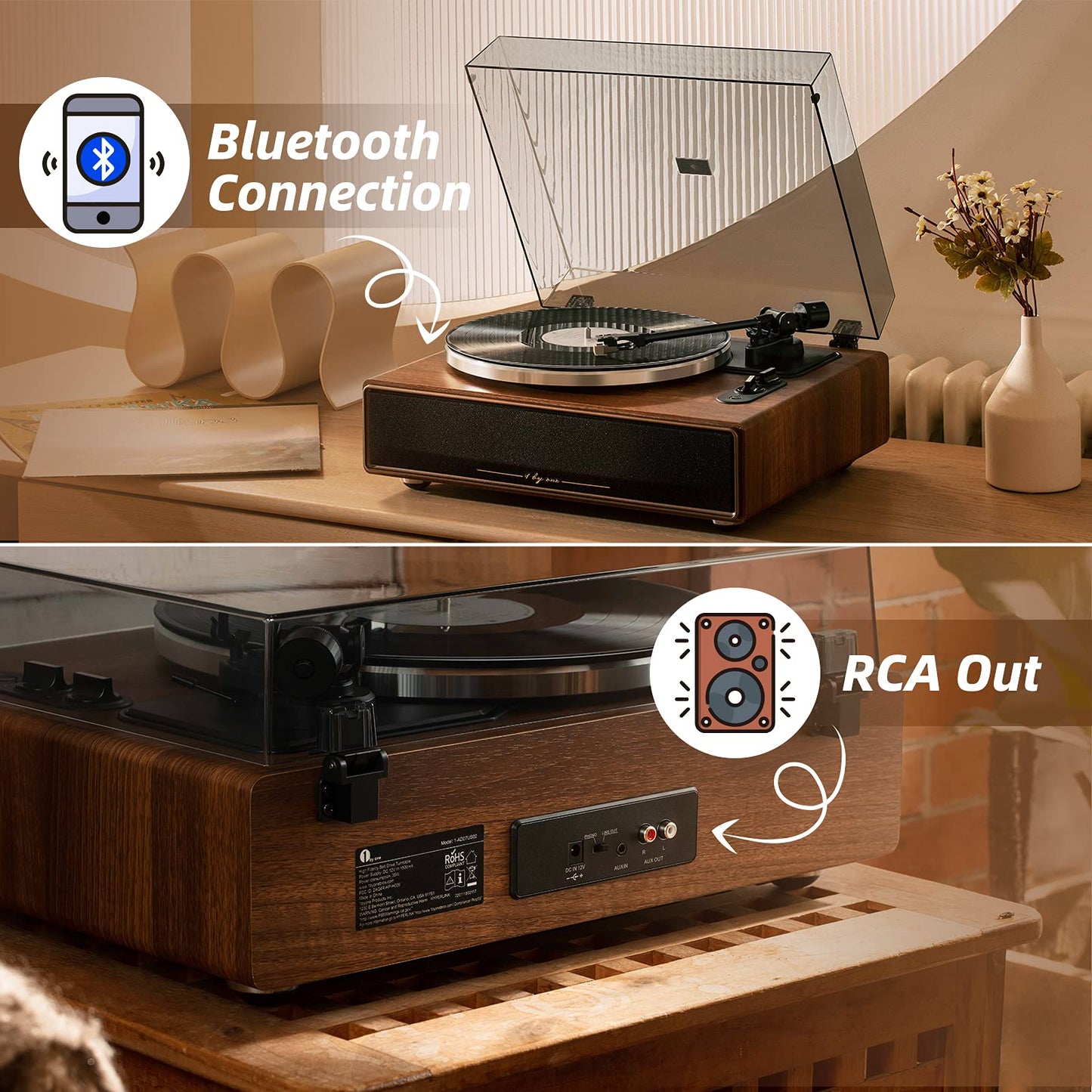 1 BY ONE High Fidelity Belt Drive Record Player with Built-in Speakers,Bluetooth Turntable with Magnetic Cartridge,Preamp and Adjustable Counterweight