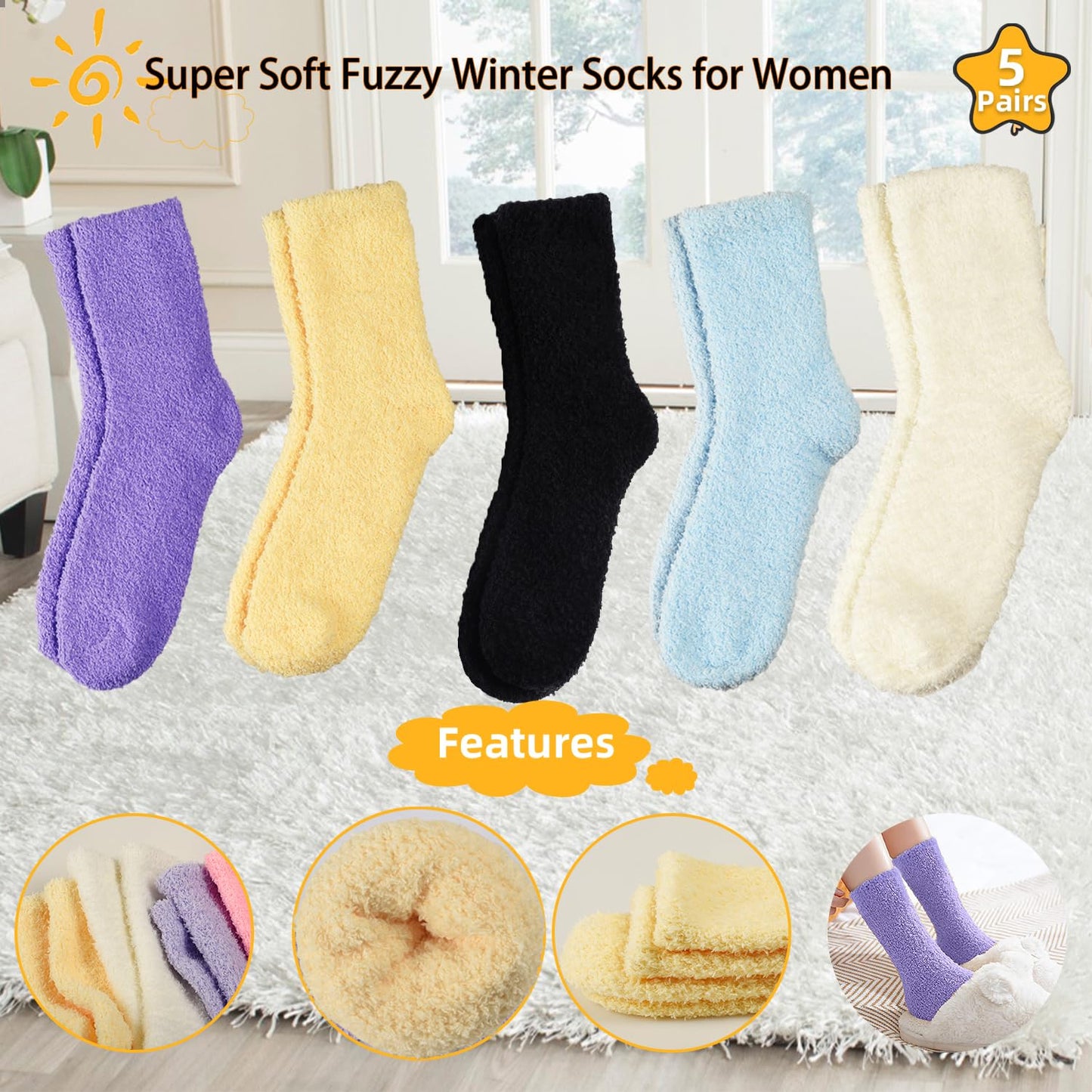 VoJoPi Fuzzy Socks for Women, Size 5-10, 5 Pairs Warm Fluffy Winter Bed Socks Cozy Sleeping Socks, Gifts Christmas Socks