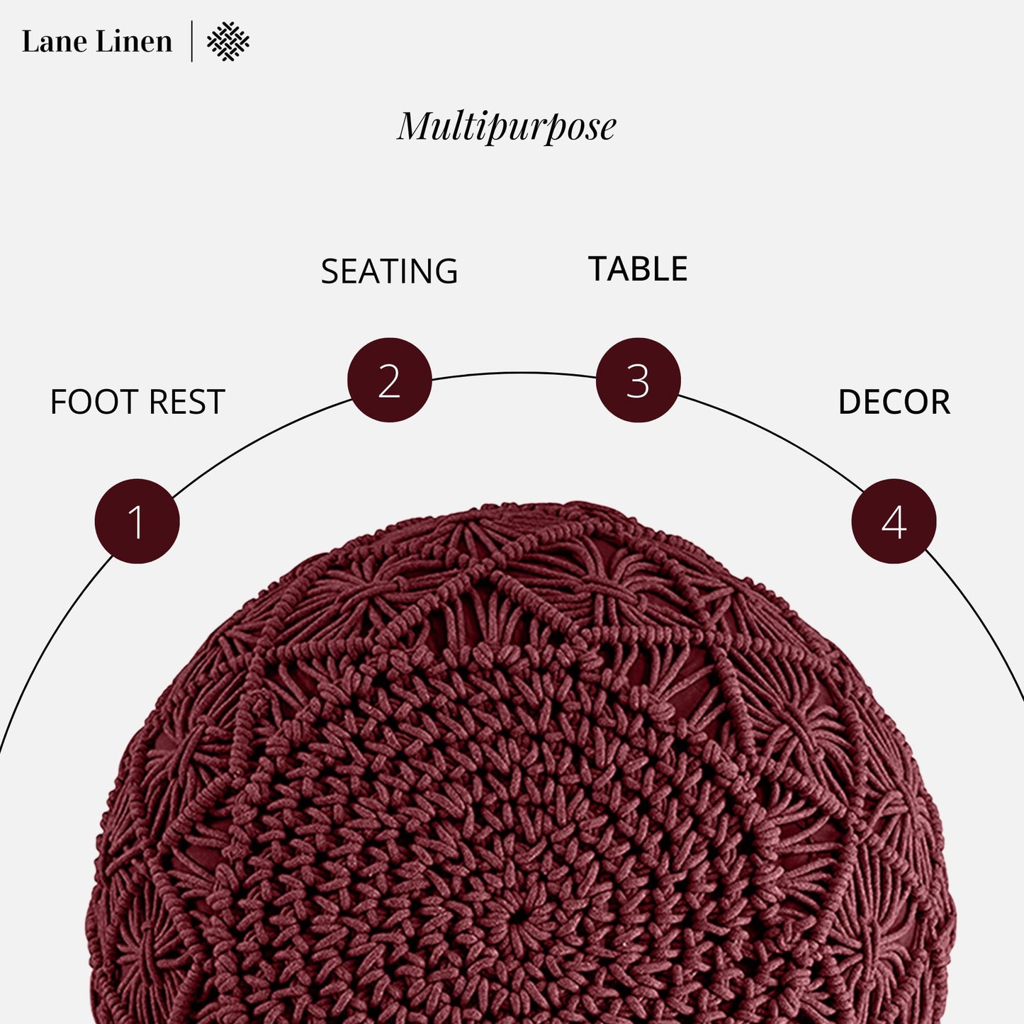 LANE LINEN Hand Knitted Cable Style Dori Pouf - Wine, Floor Ottoman - 100% Cotton Braid Cord - Handmade & Hand Stitched - Truly one of a Kind Seating - 20 Diameter x 14 Height