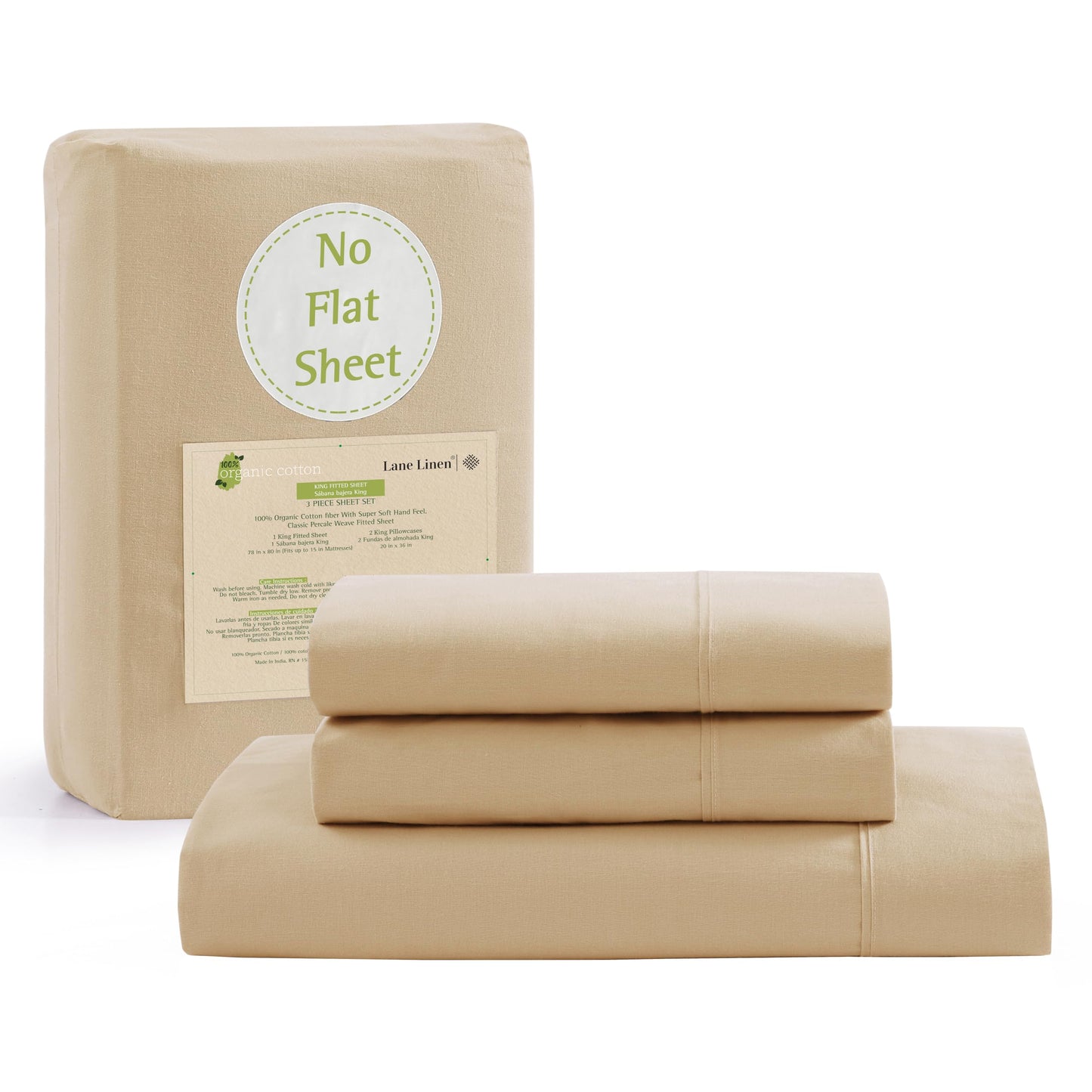 Lane Linen 100% Organic Cotton Fitted Sheet Queen Size only, 3-Piece Set (1 Fitted Sheet, 2 Pillowcases), Percale Weave, Cotton Sheet, Soft, Breathable, Fits Mattress Upto 15' Deep - White