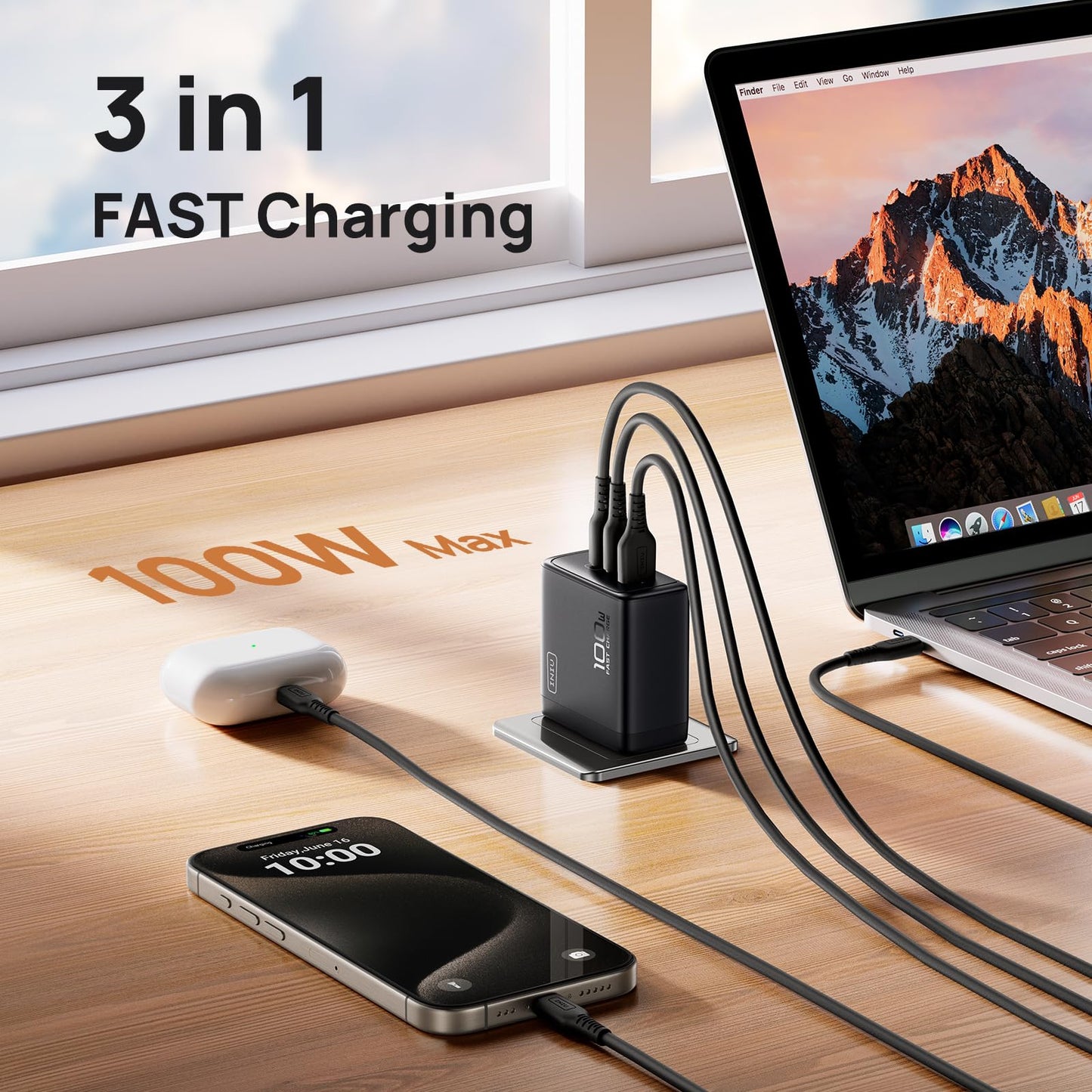 INIU Chargeur USB C 100 W, chargeur GaN rapide à 3 ports, compact et pliable, bloc de chargeur mural PPS pour MacBook Pro/Air, iPad Pro, iPhone 16/15, Samsung Galaxy S23/Note 20/10+, Dell XPS 13,