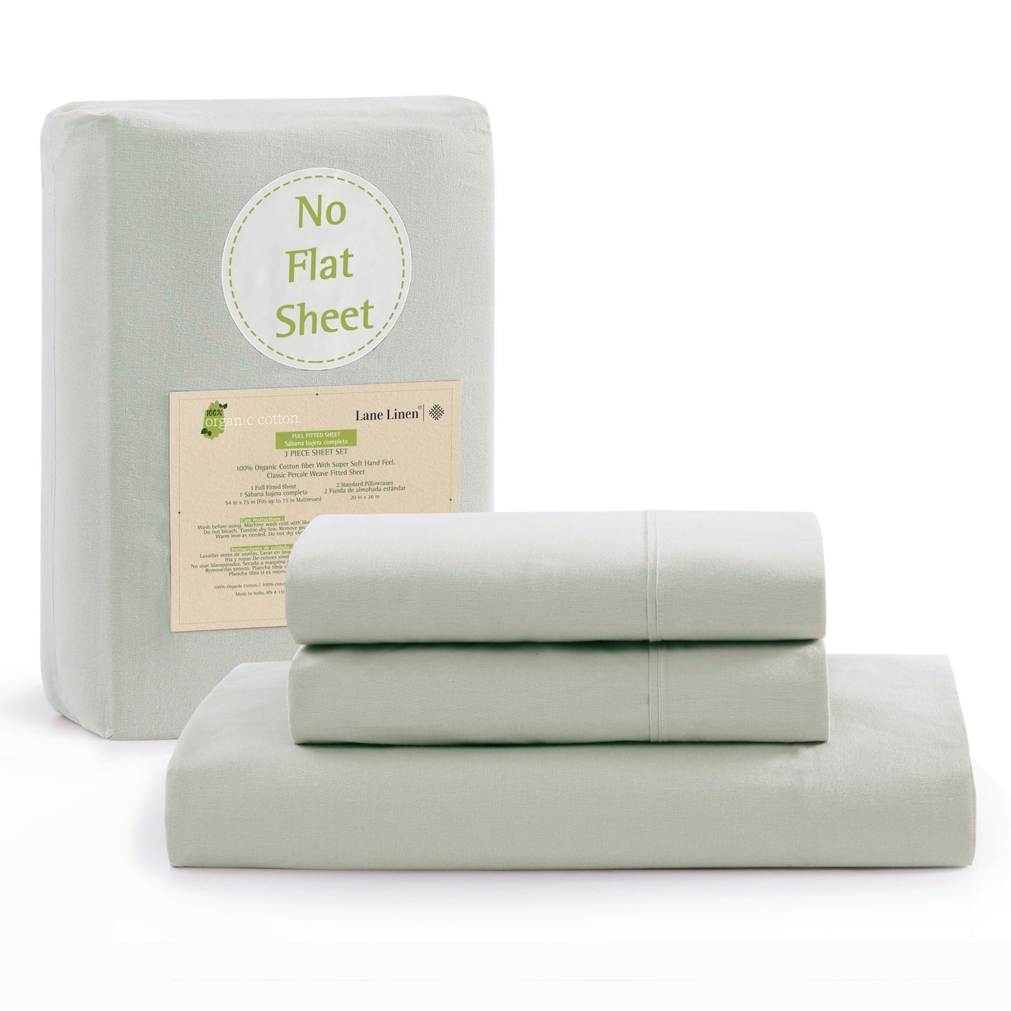 Lane Linen 100% Organic Cotton Fitted Sheet Queen Size only, 3-Piece Set (1 Fitted Sheet, 2 Pillowcases), Percale Weave, Cotton Sheet, Soft, Breathable, Fits Mattress Upto 15' Deep - White