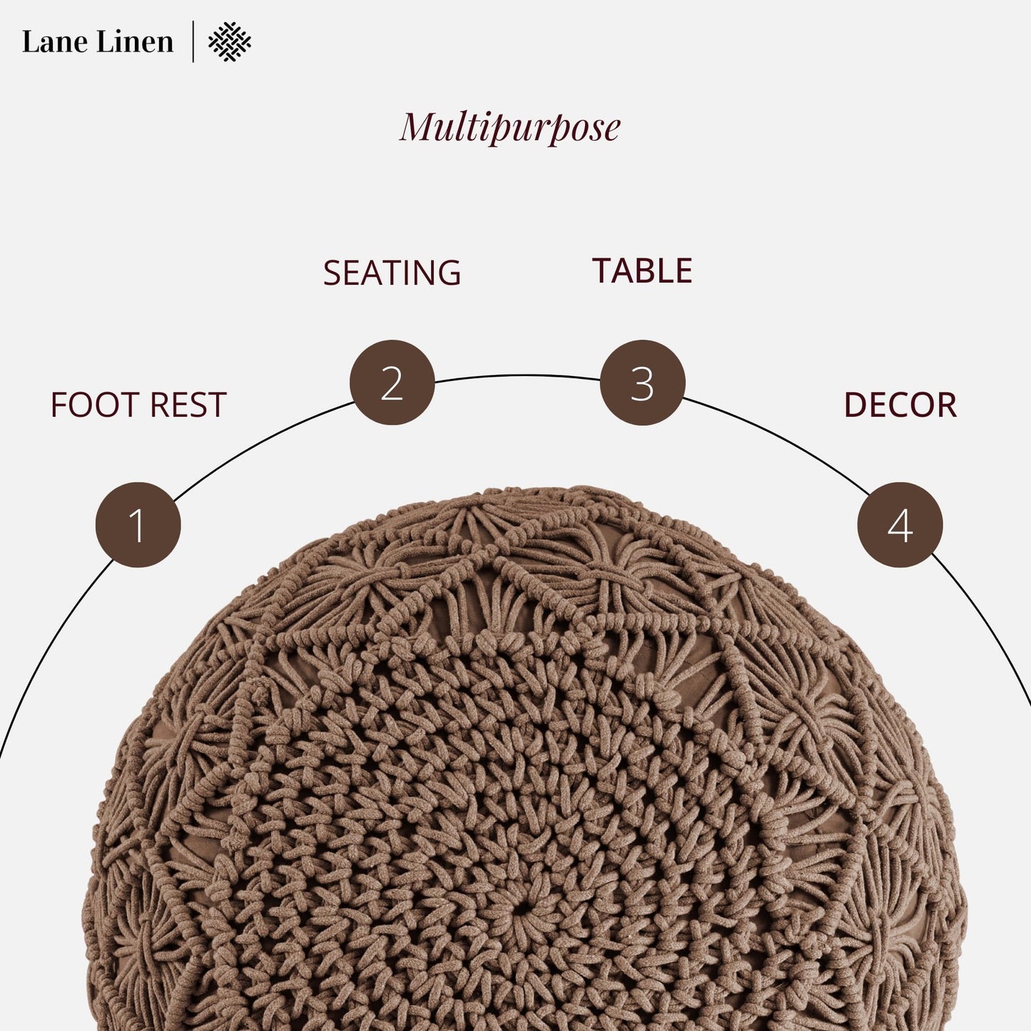 LANE LINEN Hand Knitted Cable Style Dori Pouf - Wine, Floor Ottoman - 100% Cotton Braid Cord - Handmade & Hand Stitched - Truly one of a Kind Seating - 20 Diameter x 14 Height