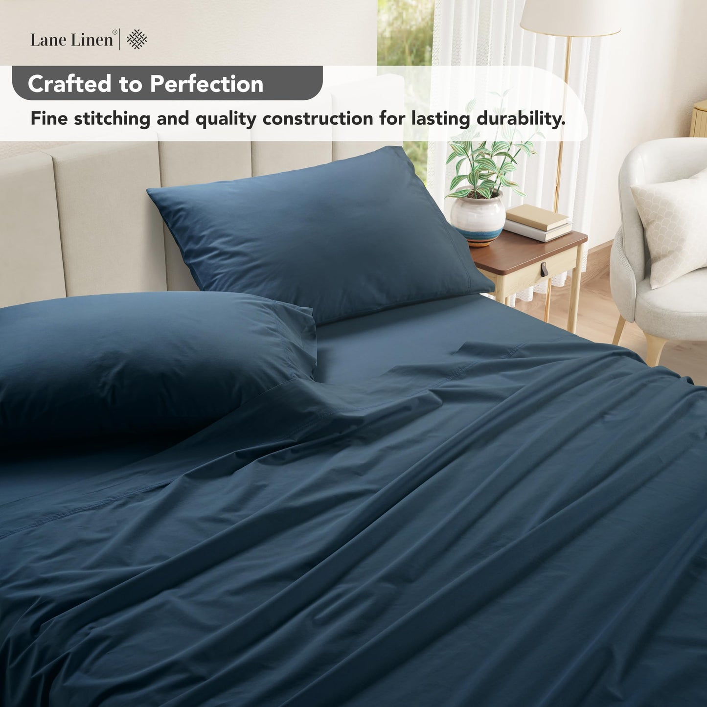 Washed Cotton Percale Queen Sheet Set - 100% Cotton 4 PC Queen Size Sheets Set, Cooling Sheets Queen Size, Soft and Breathable Bed Sheets Queen, Deep Pocket Queen Sheets - French Blue