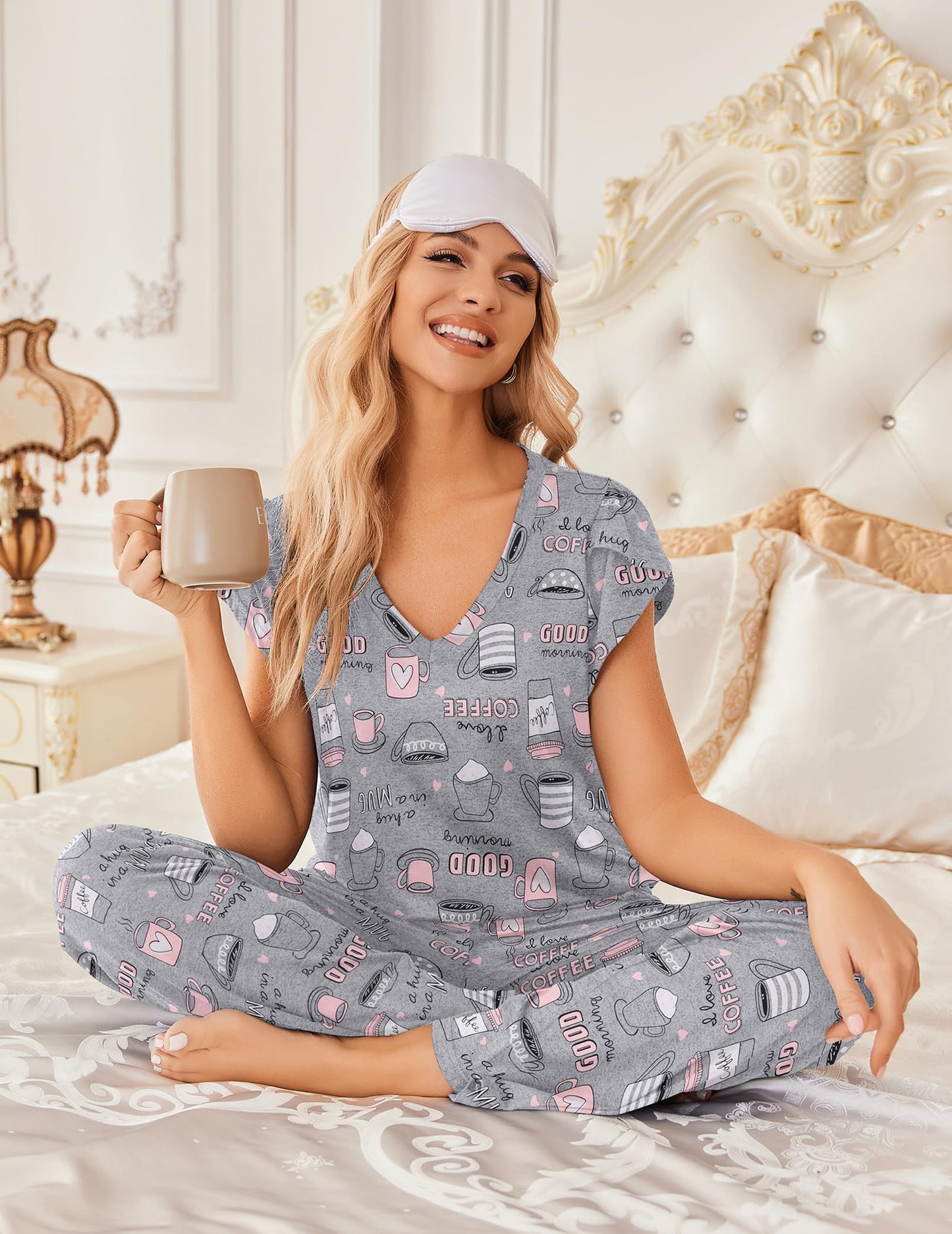 Ekouaer 2 Pack Womens Pajamas Short Sleeve Sleepwear Top with Pants Super-Soft Printed Lounge Sets S-XXL