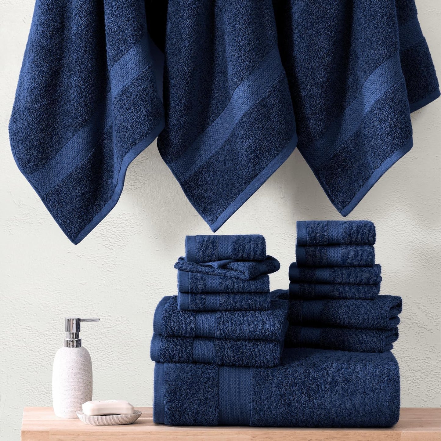 16 Piece Bath Towels - 100% Cotton Towels for Bathroom, Premium Quality Hotel Towels, Highly Absorbent Bathroom Towel Set, Super Soft, 4 Bath Towels, 4 Hand Towels, and 8 Wash Cloths - Navy