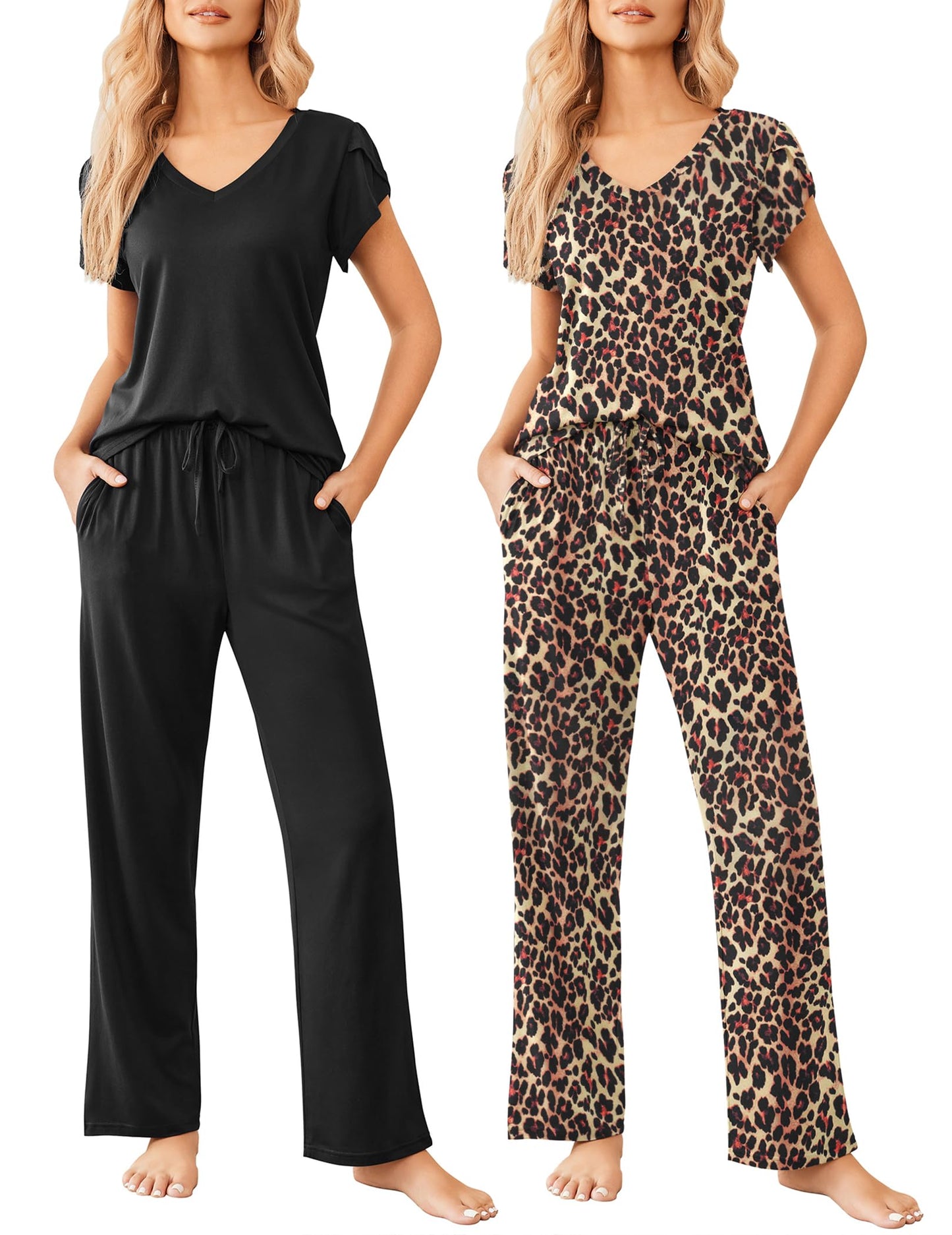 Ekouaer 2 Pack Womens Pajamas Short Sleeve Sleepwear Top with Pants Super-Soft Printed Lounge Sets S-XXL