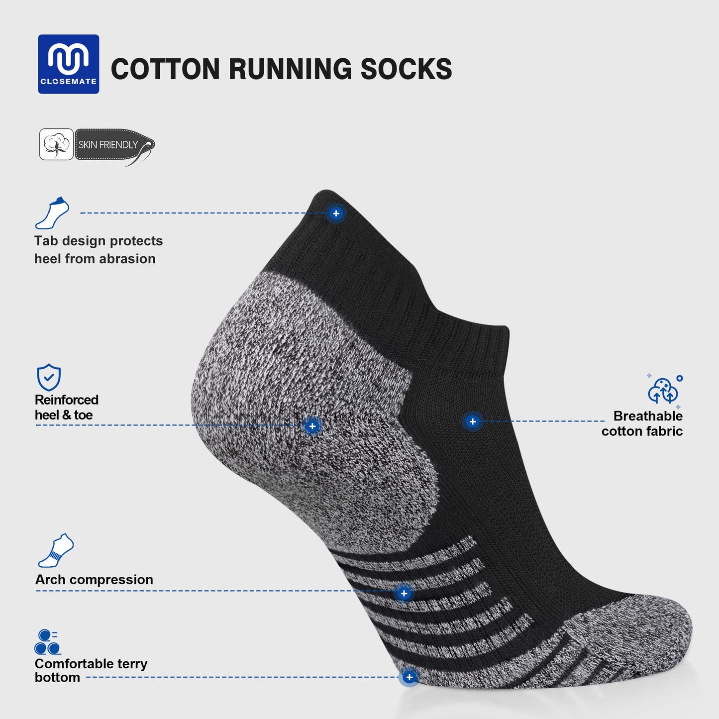 Closemate Mens Ankle Socks 6 Pairs Low Cut Athletic Socks Cotton Cushioned Tab Non-Slip Running Sport Socks