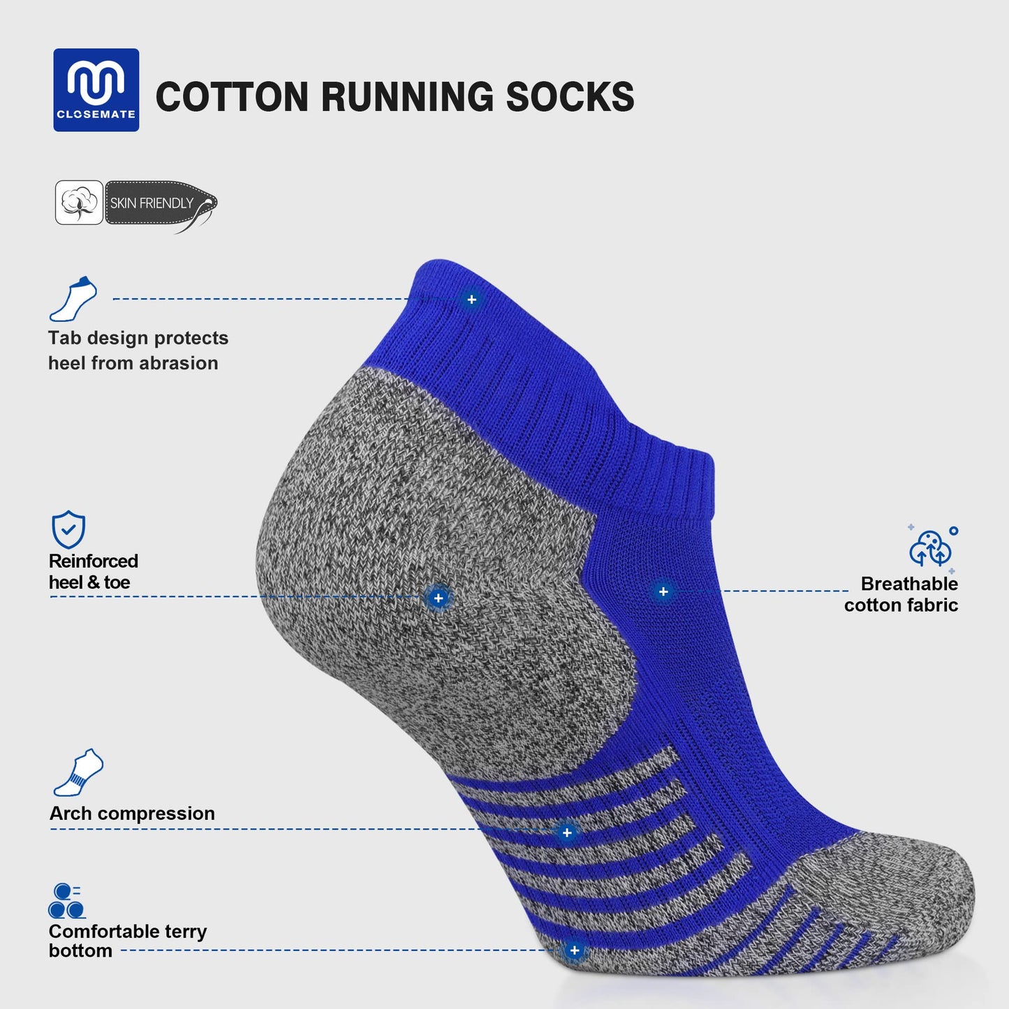 Closemate Mens Ankle Socks 6 Pairs Low Cut Athletic Socks Cotton Cushioned Tab Non-Slip Running Sport Socks