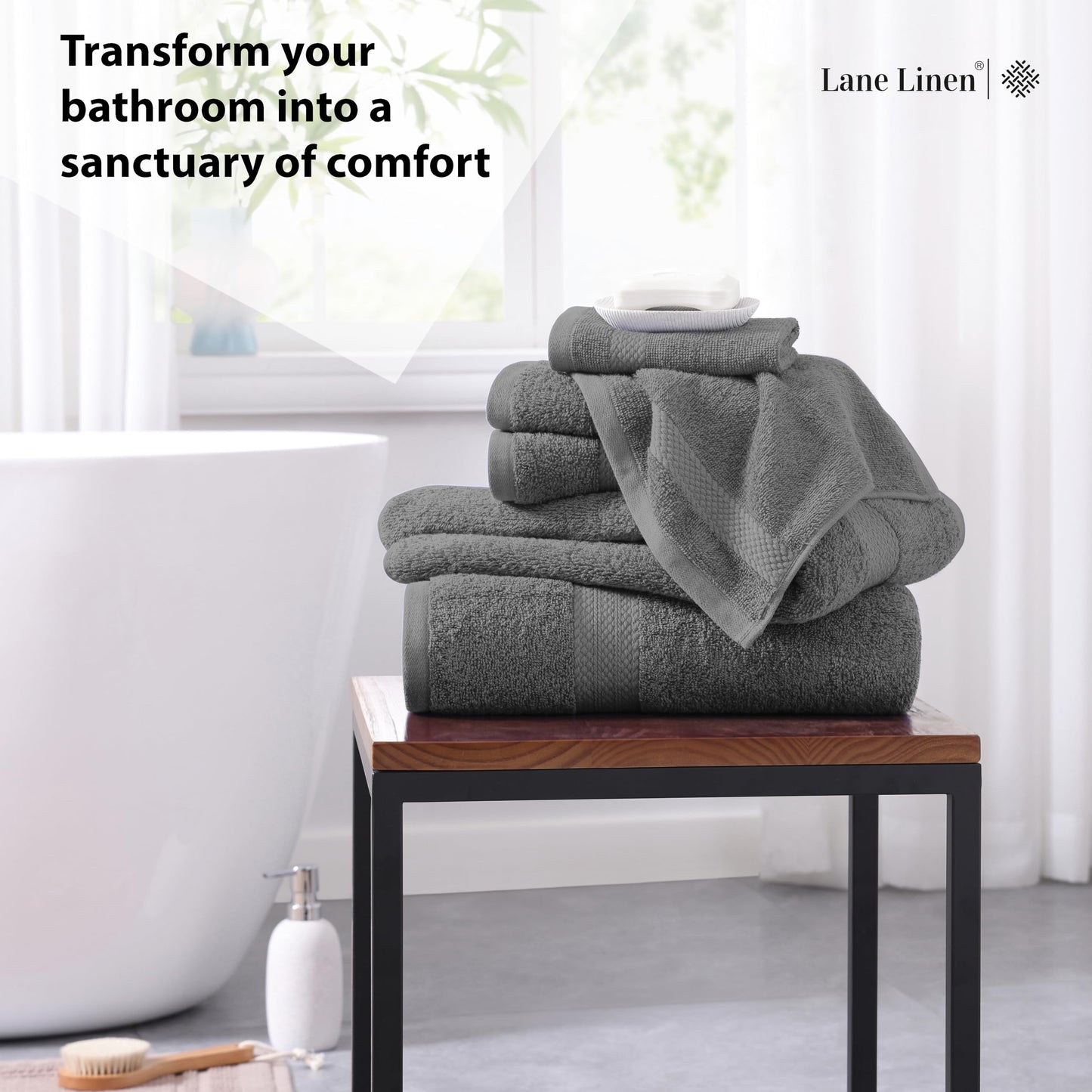 LANE LINEN 100% Cotton Bath Towels for Bathroom Set-Space Grey Bath Towel Set, 2 Luxury Bath Towels Extra Large, 4 Space Grey Hand Towels for Bathroom and 4 Washcloths Sets- 10 PC Bathroom Towels Set