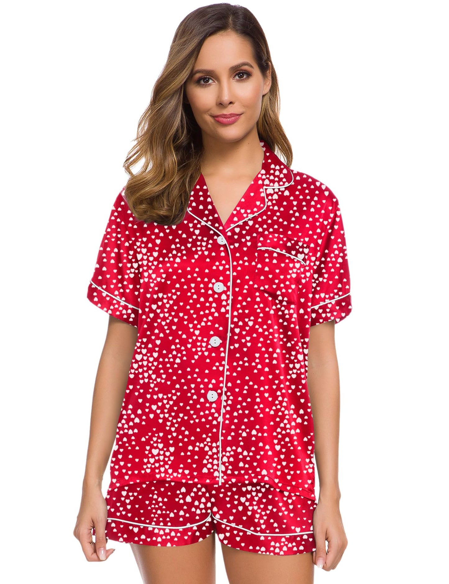 SWOMOG Womens Silk Satin Pajamas Set Short Sleeve Button Down Sleepwear Loungewear 2 Pcs Pj Sets