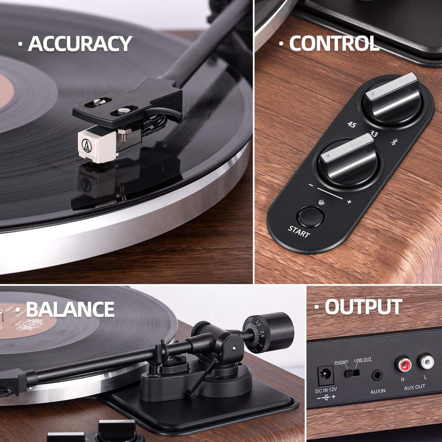 1 BY ONE High Fidelity Belt Drive Record Player with Built-in Speakers,Bluetooth Turntable with Magnetic Cartridge,Preamp and Adjustable Counterweight