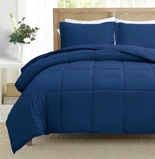 King Size Comforter Set 3 PCs Soft Quilted Down Alternative Comforter with Pillow Shams - Bedding Set, Machine Washable (King, Drak Blue)