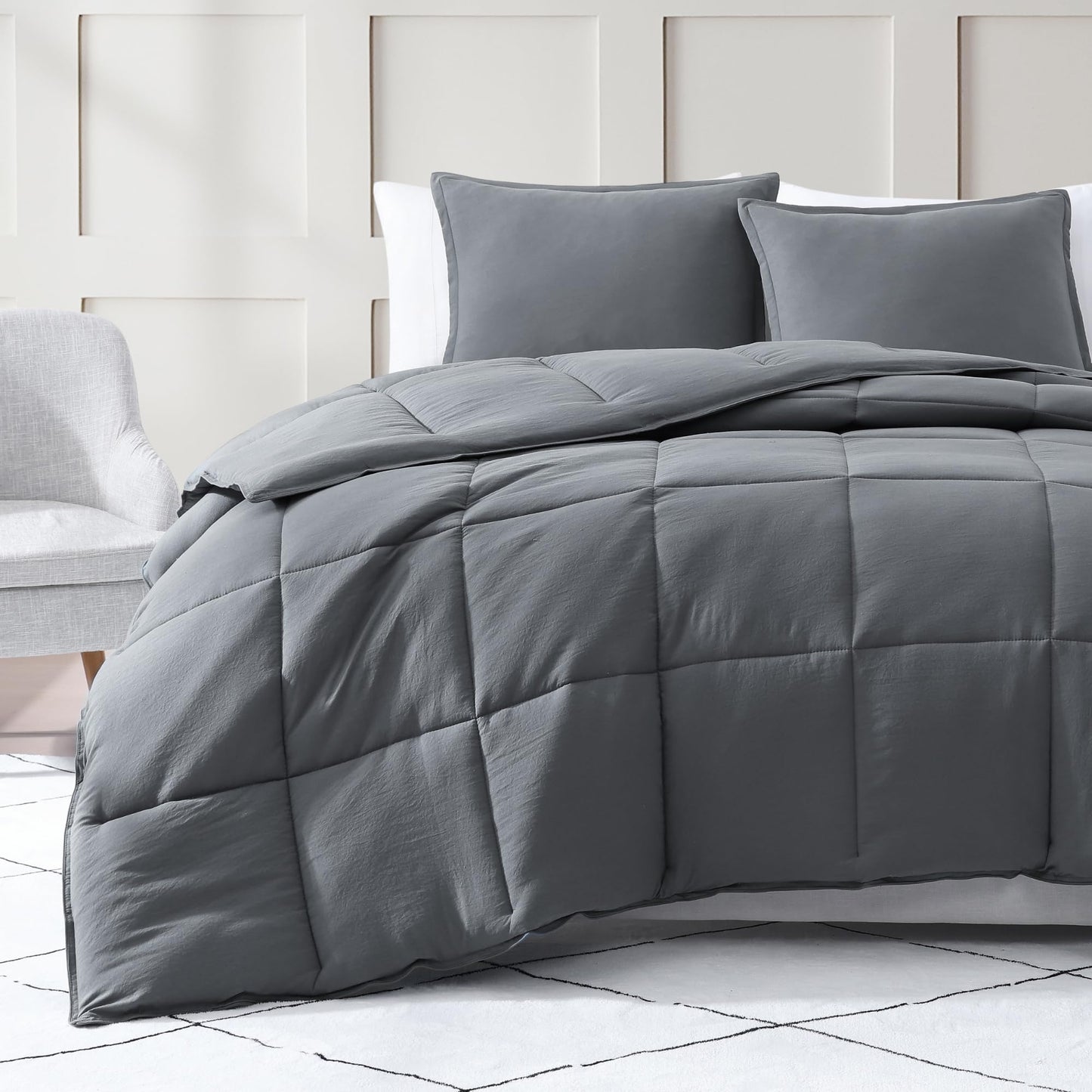 Ultra Soft Organic Cotton Queen Comforter Set - Hypoallergenic Down Alternative, All-Season Warm Bedding (1 Comforter, 2 Pillow Shams) - Charcoal