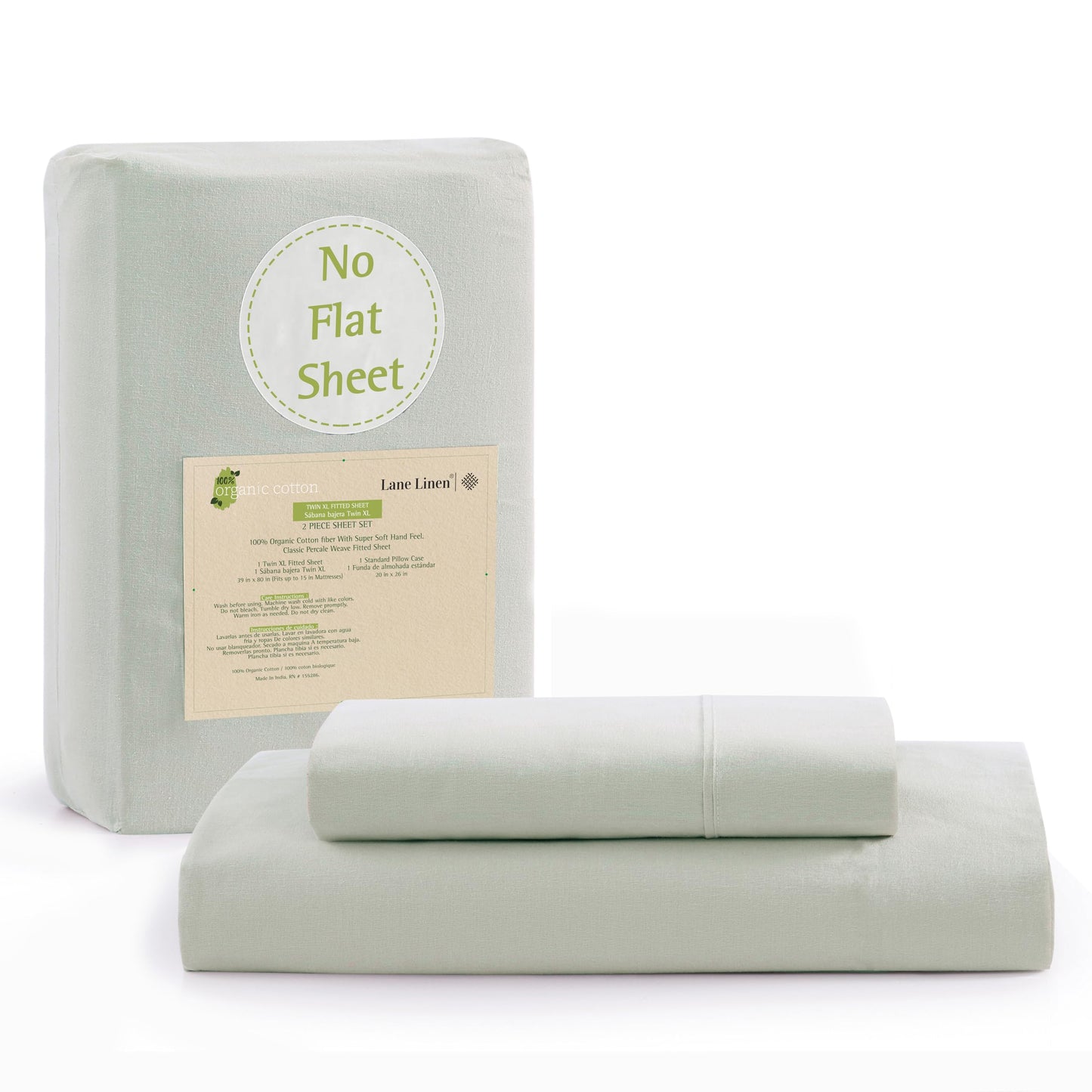 Lane Linen 100% Organic Cotton Fitted Sheet Queen Size only, 3-Piece Set (1 Fitted Sheet, 2 Pillowcases), Percale Weave, Cotton Sheet, Soft, Breathable, Fits Mattress Upto 15' Deep - White