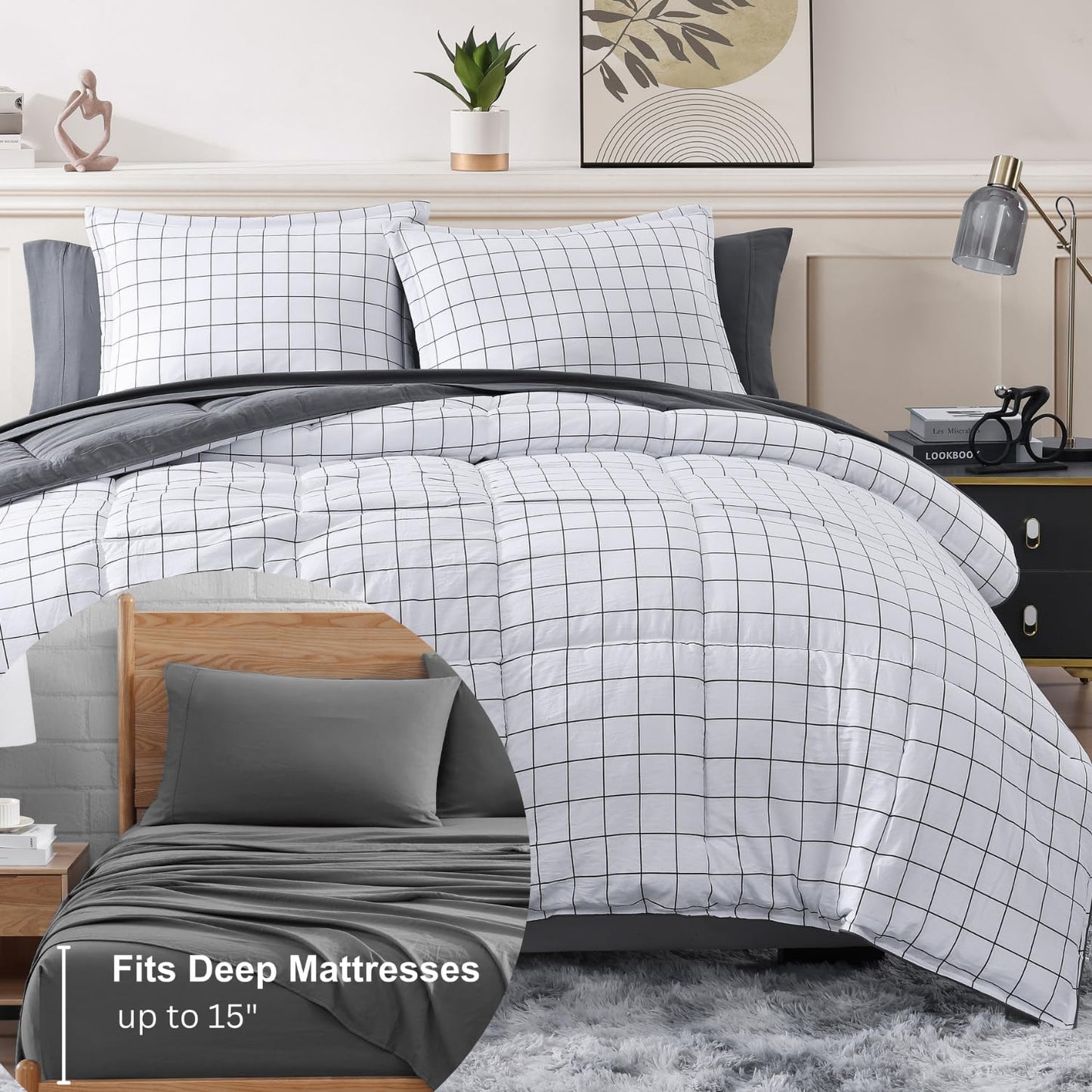 King Size Comforter Set Washed - 7 Pieces King Size Bed in A Bag, Bedding Sets with Comforters, Sheets, Pillowcases & Shams - Mineral