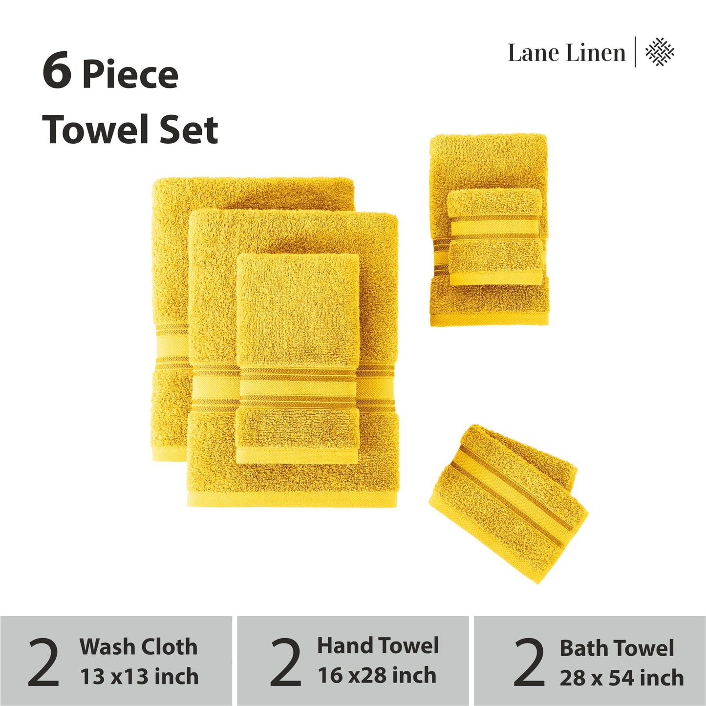 LANE LINEN Luxury Bath Towels Set - 6 Piece 100% CottonBathroom Zero Twist Shower Extra Absorbent Towel Super Soft 2 Hand Wash Cloths White