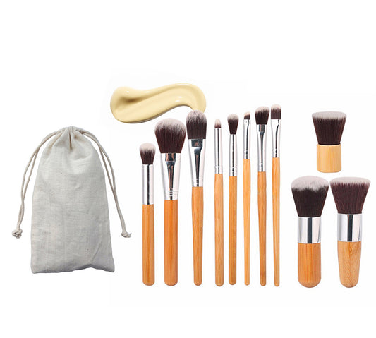 11 bamboo handles, makeup brush, tool set, linen bag, blush brush, foundation brush, and a full set of makeup.