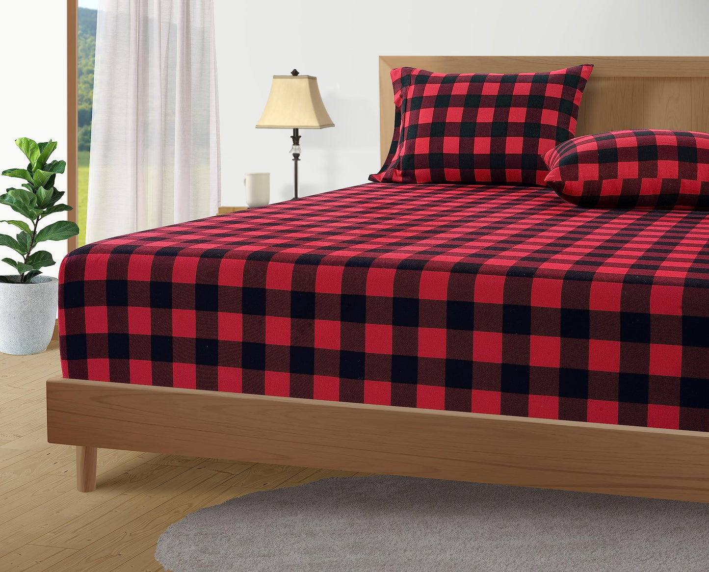 100% Cotton Flannel Sheets Set - Queen Size Flannel Sheets, 4-Piece Luxury Bedding Sets, Lightweight, Brushed for Extra Softness, Warm and Cozy, 16" Deep Pocket - Red Checks