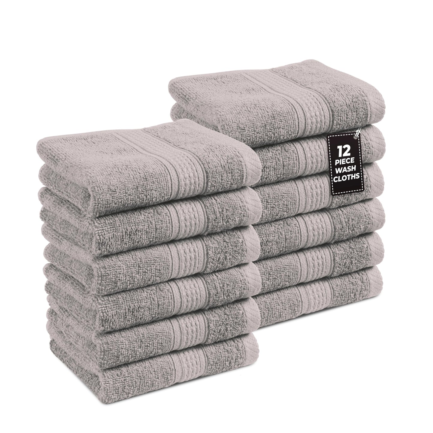 Premium 12 Pack Wash Cloths Set - 13x13 Inches, Highly Absorbent 100% Cotton Towels for Bathroom, Spa, Gym, Face - Grey