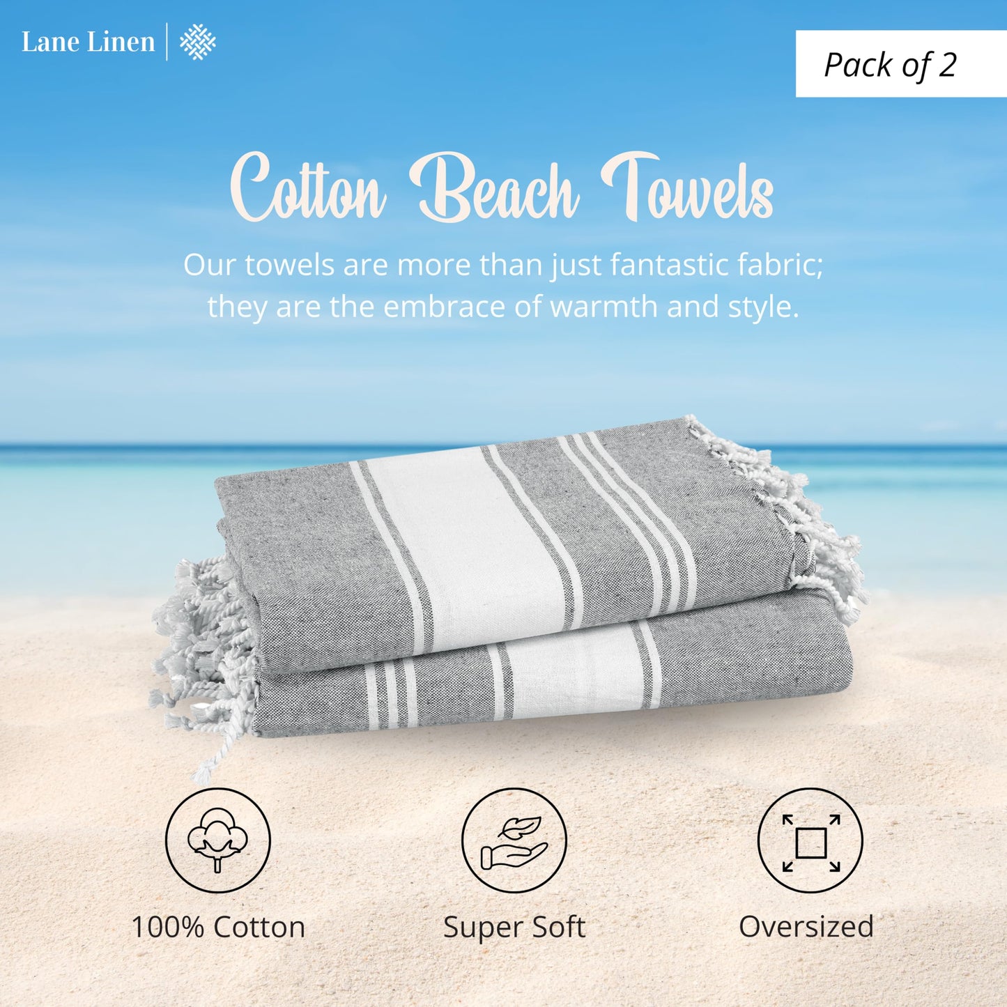 Lane Linen Beach Towels 6 Pack, 100% Cotton Oversized Beach Towel, Pre-Washed Large Beach Towel, Stylish Pool Towels For Adults, Quick Dry Beach Towel, Lightweight Travel Towel, 39"x71" - Multi Colors